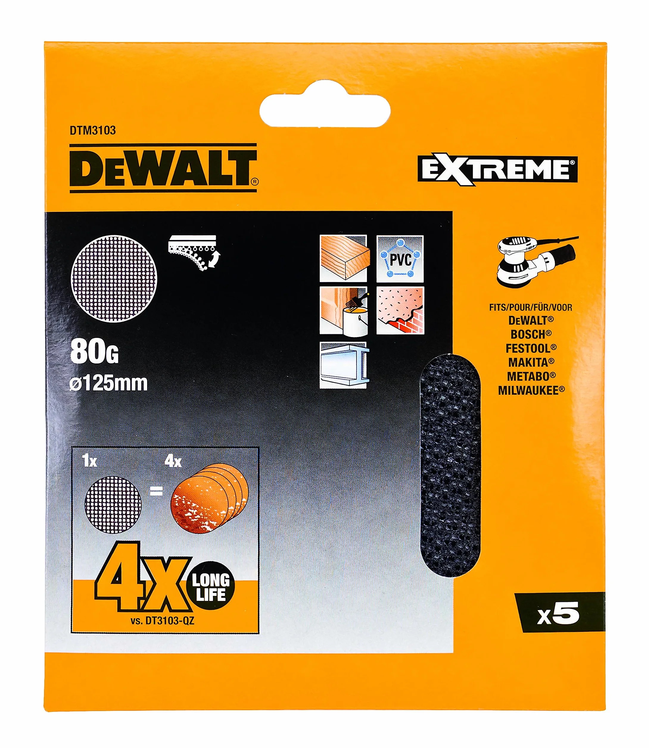 DEWALT Kratka szlifierska Extreme (ziarnistość 80, 125 mm Ø, z rzepem, do stosowania na szlifierkach mimośrodowych, 5 sztuk) DTM3103