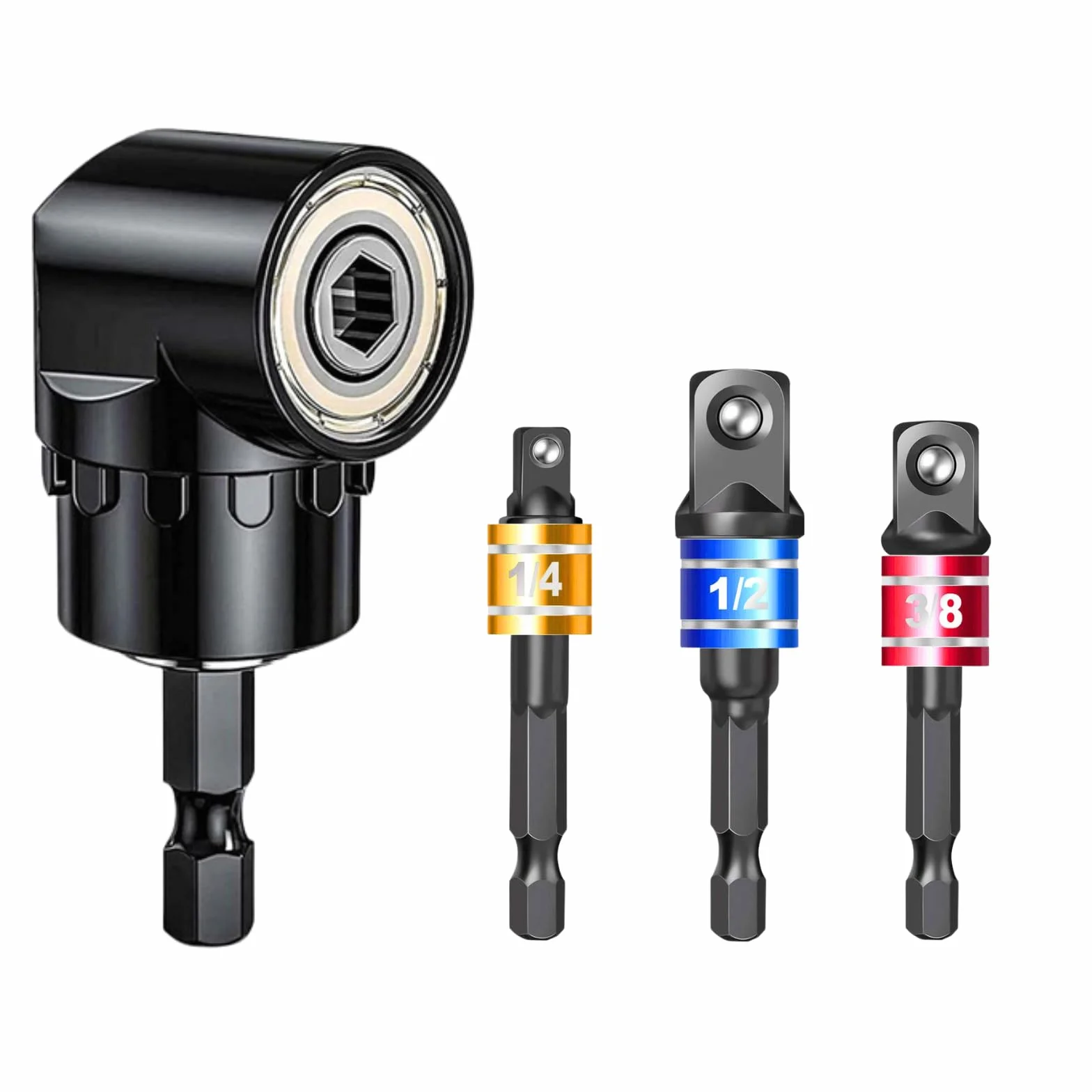Śrubokręt kątowy 105°, adapter pomocniczy 1/4" z chwytem sześciokątnym + 3 sztuki adapterów do kluczy nasadowych (1/4", 1/2", 3/8"), sześciokątny klucz nasadowy, zestaw nakrętek, adapter