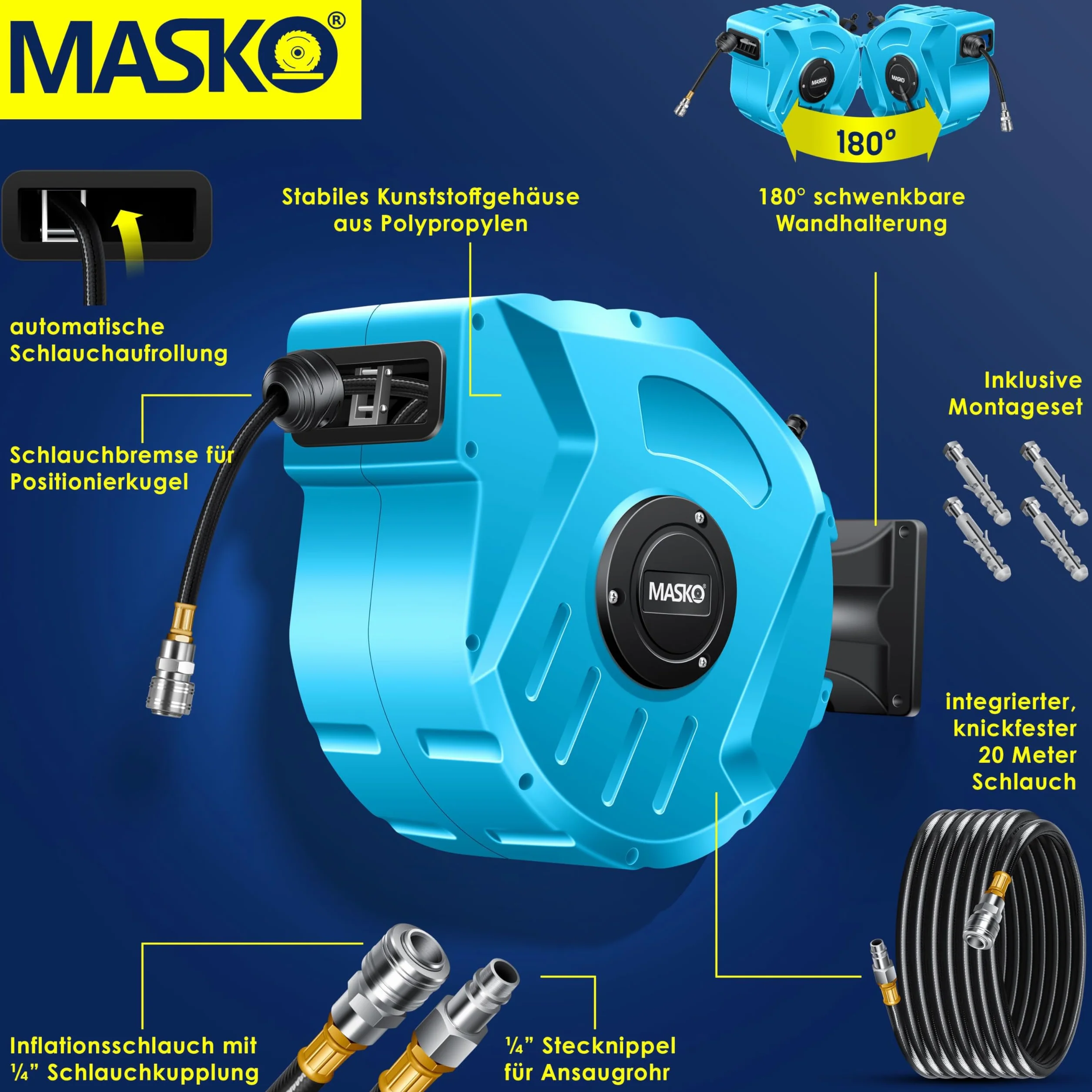 MASKO® Wąż do sprężonego powietrza, 20 m, automatyczne przyłącze 1/4", bęben na wąż ścienny, zwijacz, wąż do sprężonego powietrza, bęben na sprężone powietrze