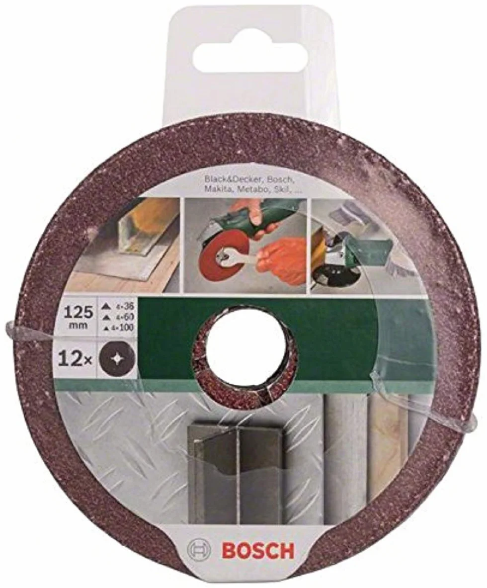 Bosch 2609256254 zestaw tarcz szlifierskich do szlifierek kątowych zaciskanych do drewna i metalu tarcza 125 mm, otwór 22 mm, 12 sztuk ziarnistość mieszana