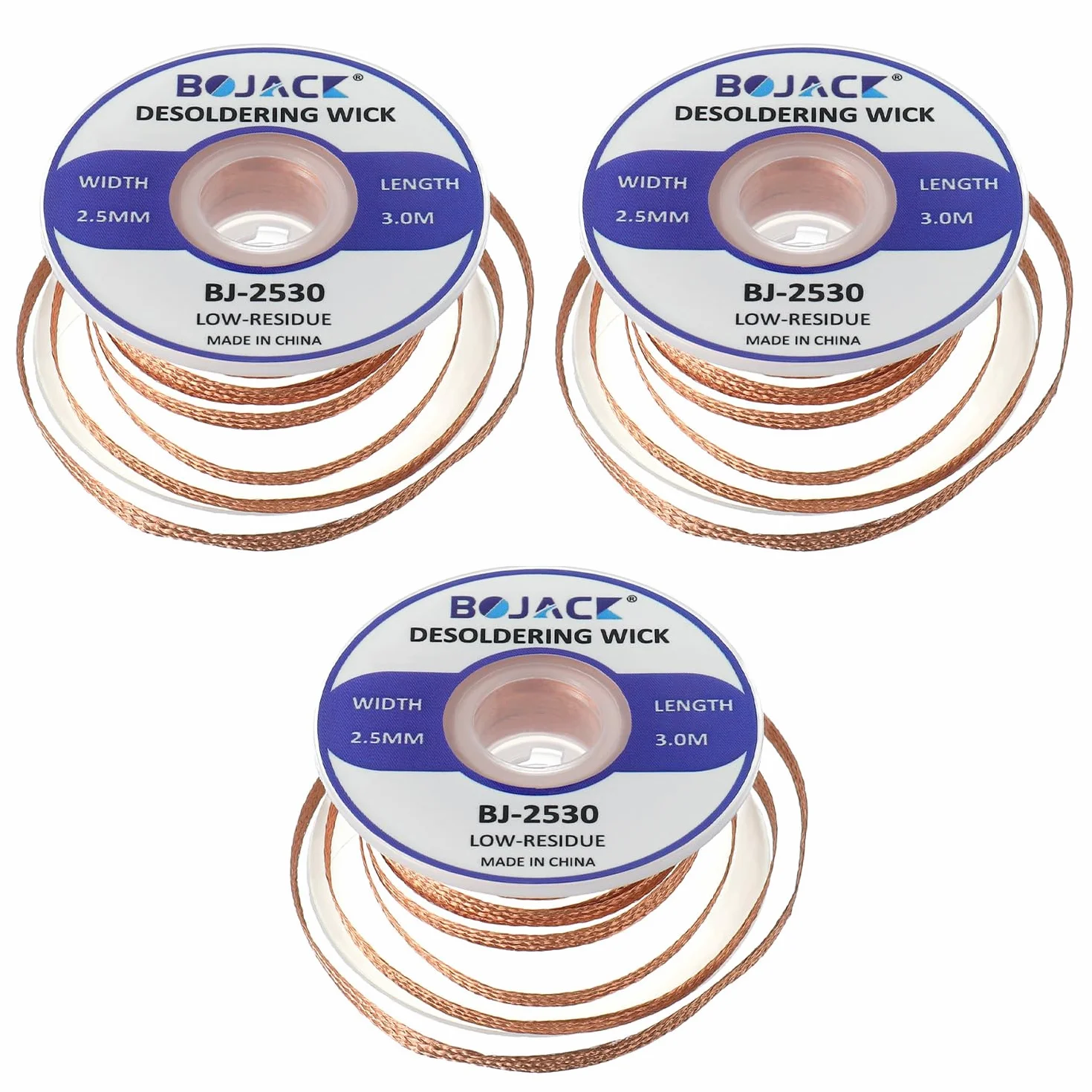BOJACK Wick Rozlutowywacz warkocz 2,5 mm x 3,0 m Rozlutowywacz do usuwania drutu do demontażu elementów elektronicznych, usuwania lutowania, czyszczenia lub naprawy akcesoriów (3 sztuki)