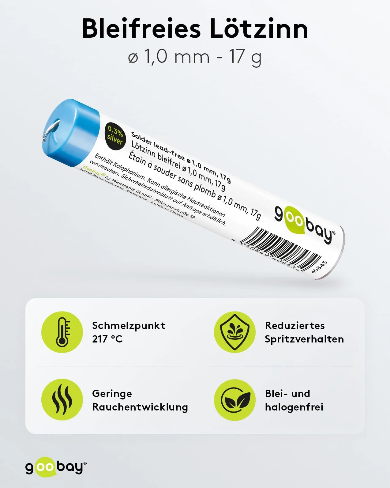 Goobay 40843 cyna do lutowania bezołowiowa ø 1 mm drut lutowniczy z topnikiem, 0,3% srebra i 0,7% miedzi, temperatura topnienia 217°C, lutowanie cyny bezołowiowe, 17 g