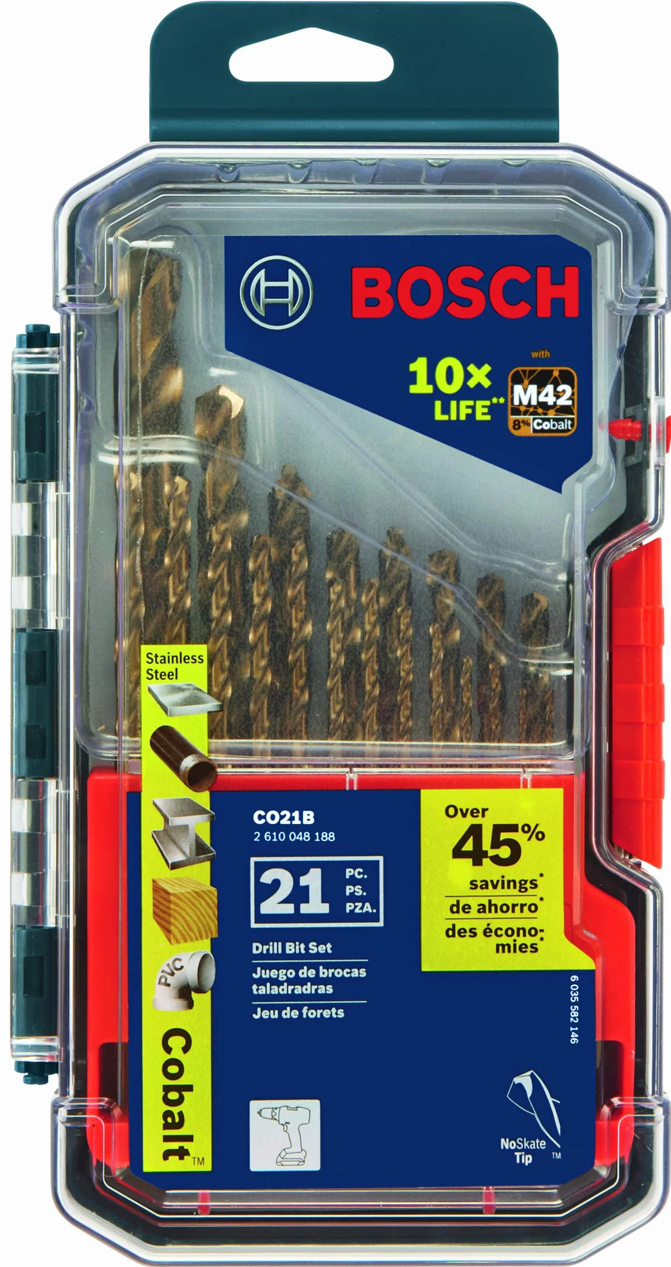 BOSCH CO21B 21-częściowy zestaw z dołączoną obudową Cobalt M42 wiertło do metalu z trzema płaskimi chwytami do wiercenia w stali nierdzewnej, żeliwie, tytanie, lekkim metalu, aluminium