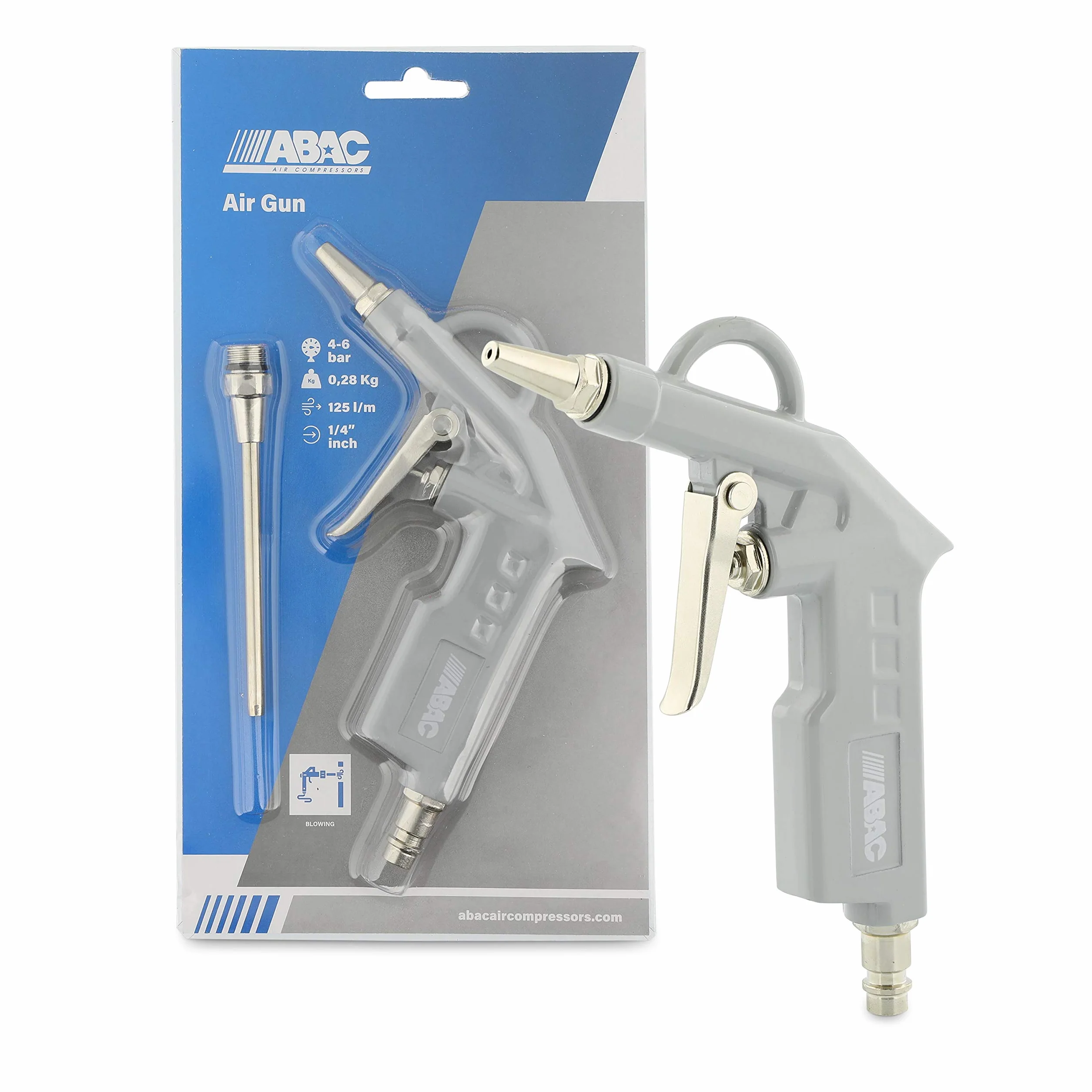 ABAC G-502 pistolet na sprężone powietrze, pistolet do wydmuchiwania/pistolet pneumatyczny z krótką dyszą o długości 10 cm, dysza Ø 2 mm, pistolet do czyszczenia sprężonego powietrza z maks.