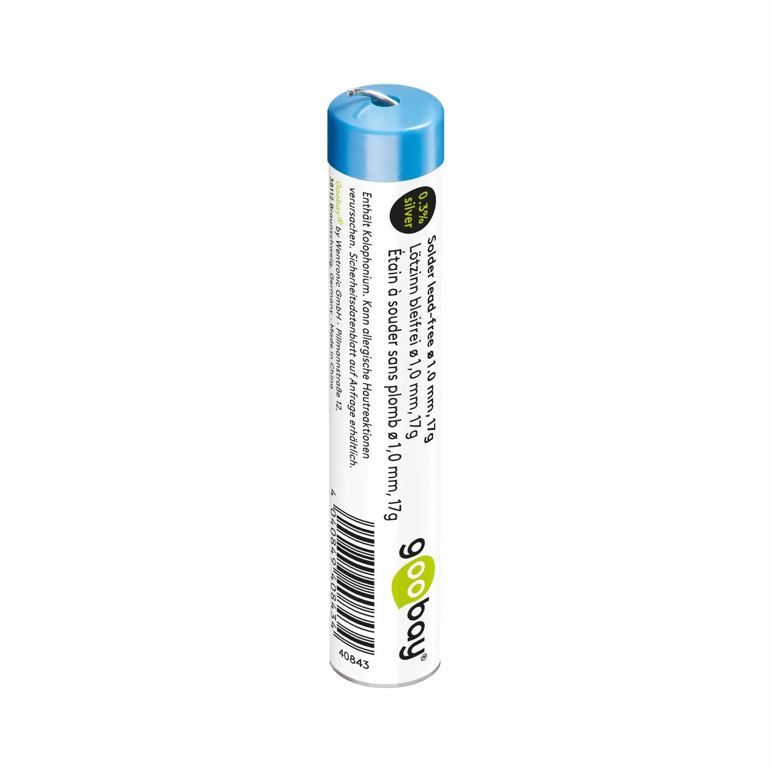 Goobay 40843 cyna do lutowania bezołowiowa ø 1 mm drut lutowniczy z topnikiem, 0,3% srebra i 0,7% miedzi, temperatura topnienia 217°C, lutowanie cyny bezołowiowe, 17 g