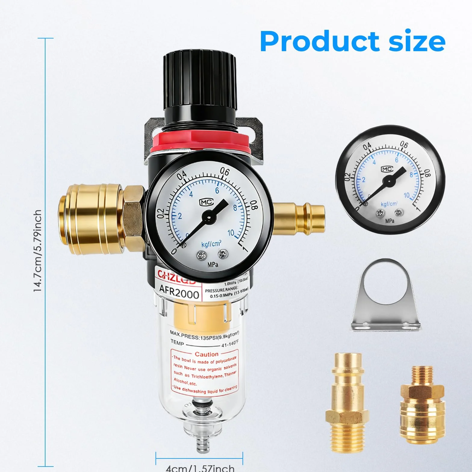 Mineup Reduktor ciśnienia sprężonego powietrza 1/4 cala, separator wody sprężonego powietrza, regulator sprężonego powietrza z separatorem wody, szybkozłączkami, reduktor ciśnienia sprężarki do filtra