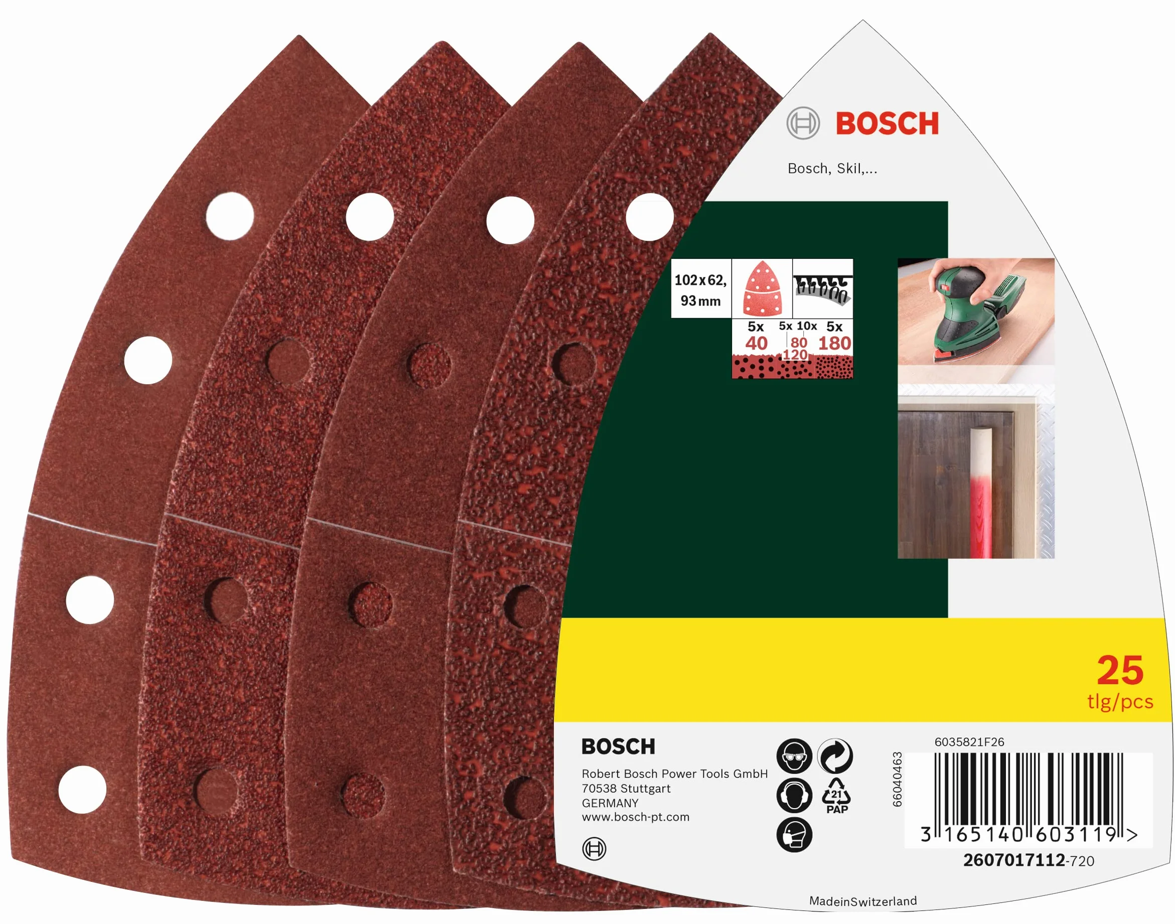 Bosch 25 szt. Zestaw arkuszy ściernych (do drewna, szpachli, farb, lakierów, ziarnistość 40/80/120/180, 11 otworów, 102 x 62,93 mm, akcesoria do szlifierek uniwersalnych)