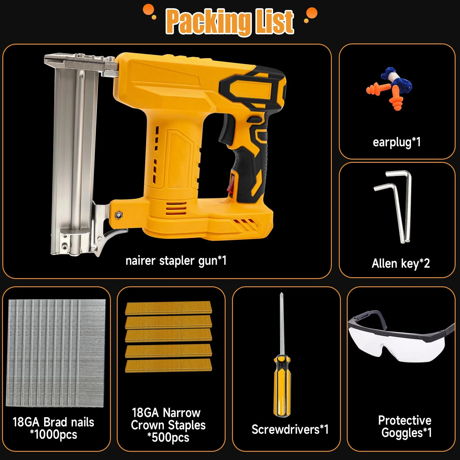 Akumulatorowa gwoździarka Brad do akumulatora Dewalt 18 V 20 V, elektryczna gwoździarka 2 w 1 18 GA, 1000 prostych gwoździ i gwoździ 500 U w zestawie do majsterkowania i obróbki drewna