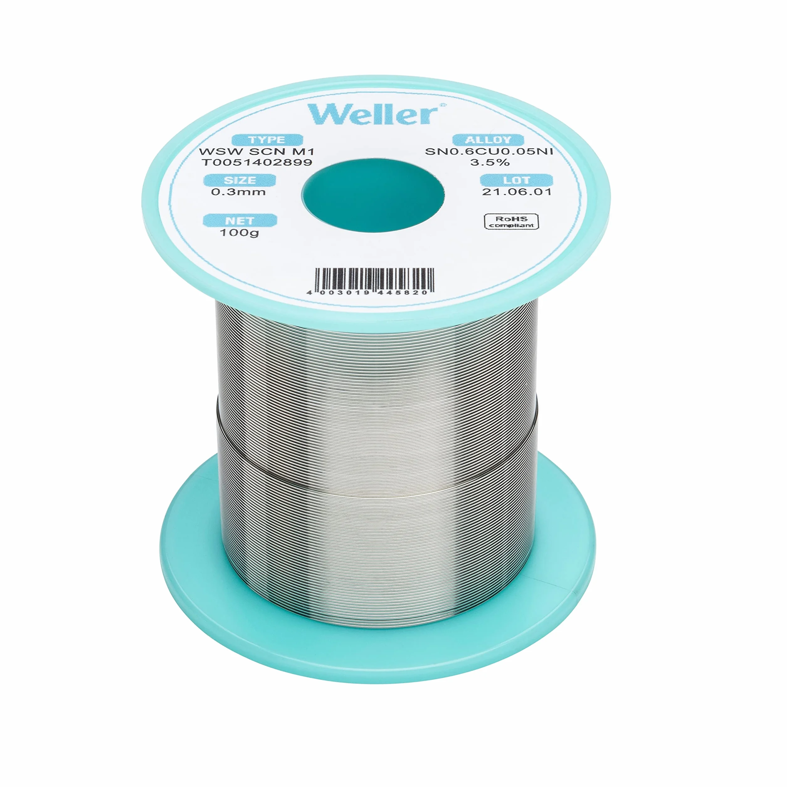 Weller WSW SCN M1 (T0051402899) bezołowiowy drut lutowniczy, Ø 0,3 mm, stop Sn99,3Cu0,6Ni0,05, zawartość strumienia 3,5%, 100 g