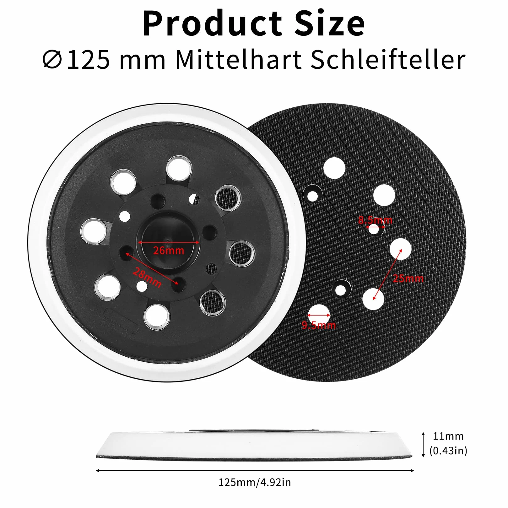 Talerz szlifierski 125 mm, płyta szlifierska 125 mm z 8 otworami, kompatybilna z Bosch PEX 300 AE PEX 400 AE, szlifierka mimośrodowa, talerz szlifierski, płyta szlifierska z systemem Hook i Loop do