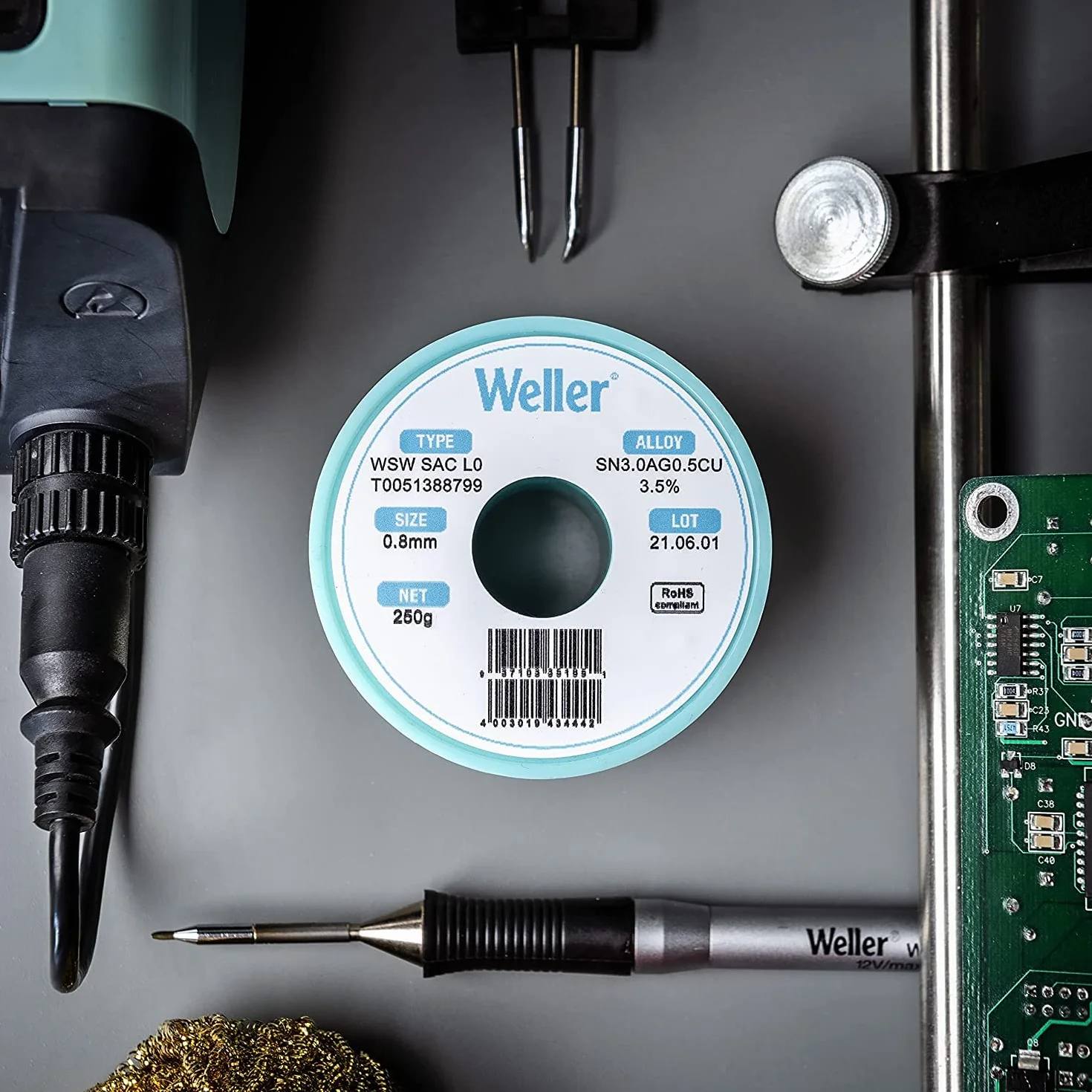 Weller WSW SCN M1 (T0051402799) bezołowiowy drut lutowniczy, Ø 0,5 mm, stop Sn99,3Cu0,6Ni0,05, zawartość strumienia 3,5%, 100 g