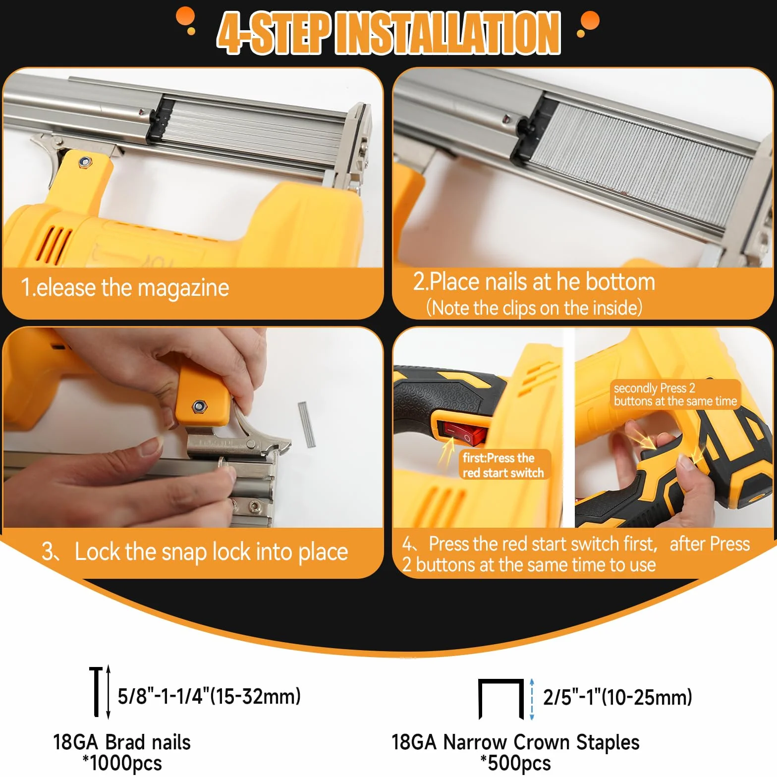 Akumulatorowa gwoździarka Brad do akumulatora Dewalt 18 V 20 V, elektryczna gwoździarka 2 w 1 18 GA, 1000 prostych gwoździ i gwoździ 500 U w zestawie do majsterkowania i obróbki drewna