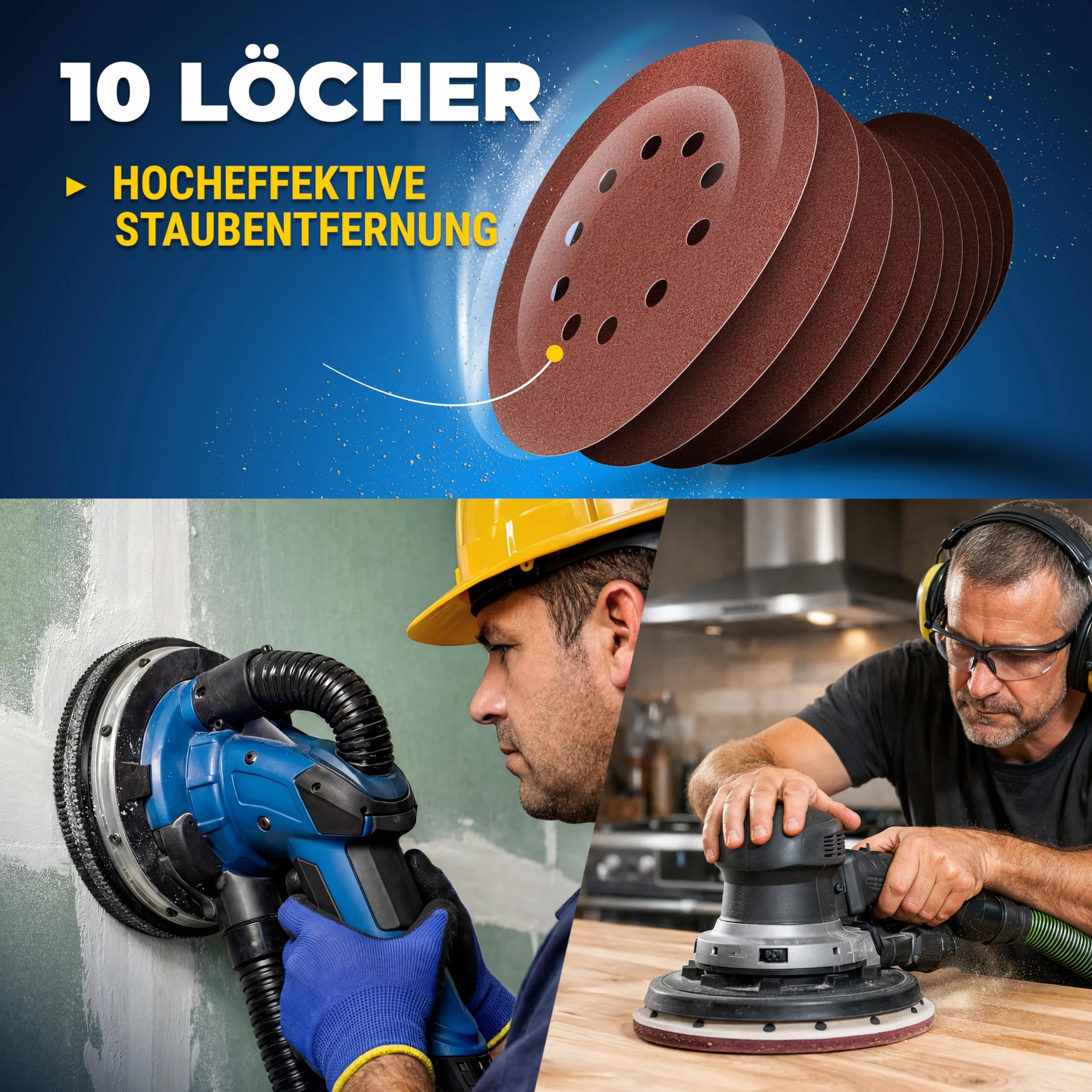 S&R Papier ścierny, 225 mm, rzep P120, 10-otworowe, żyrafa szlifierska 225 mm, 30-częściowy do szlifierek mimośrodowych, szlifierek z długą szyjką (żyrafa szlifierska), papier ścierny do ścian, sufitu