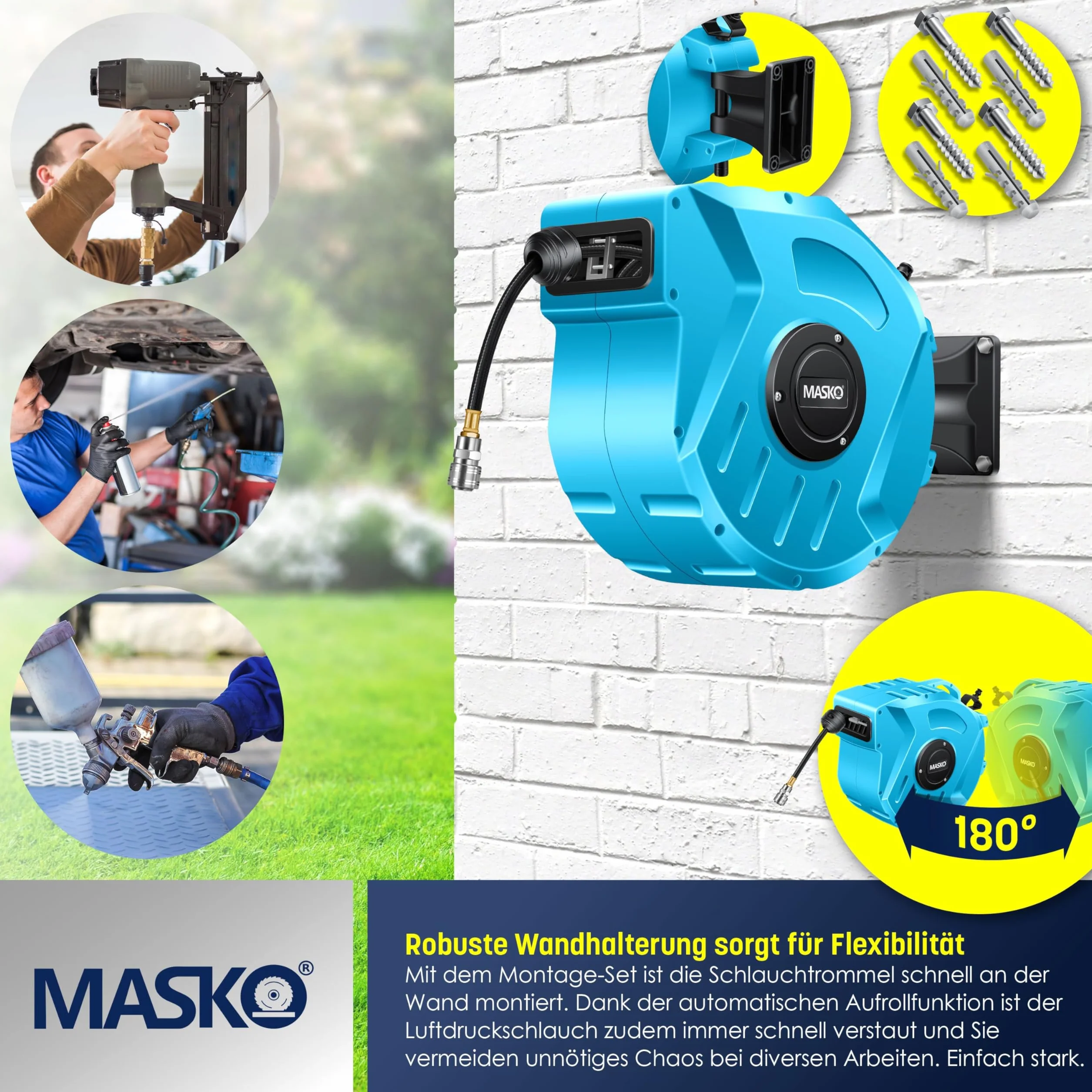 MASKO® Wąż do sprężonego powietrza, 20 m, automatyczne przyłącze 1/4", bęben na wąż ścienny, zwijacz, wąż do sprężonego powietrza, bęben na sprężone powietrze