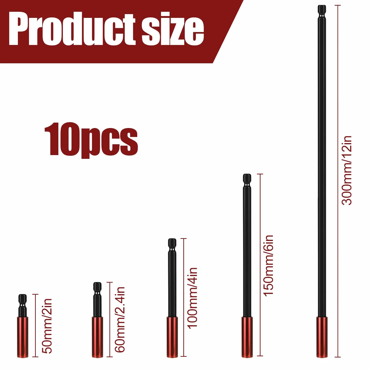 10 sztuk magnetycznych przedłużaczy bitów, przedłużki do bitów, trzpień sześciokątny 1/4 cala, uchwyty bitów 50/60/100/150/300mm, do wkrętaków i wiertarek