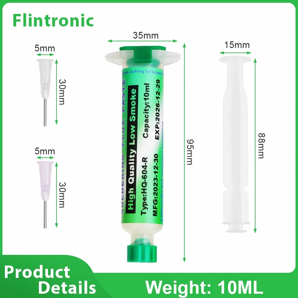 Flintronic Lut topnikowy, 10 ML bezołowiowy topnik w strzykawce z 2 igłami i 1 tłoczkiem, strzykawka do topnika bez potrzeby czyszczenia, pasty topnikowe do lutowania BGA, IC, PCB, CPU, LED, SMT