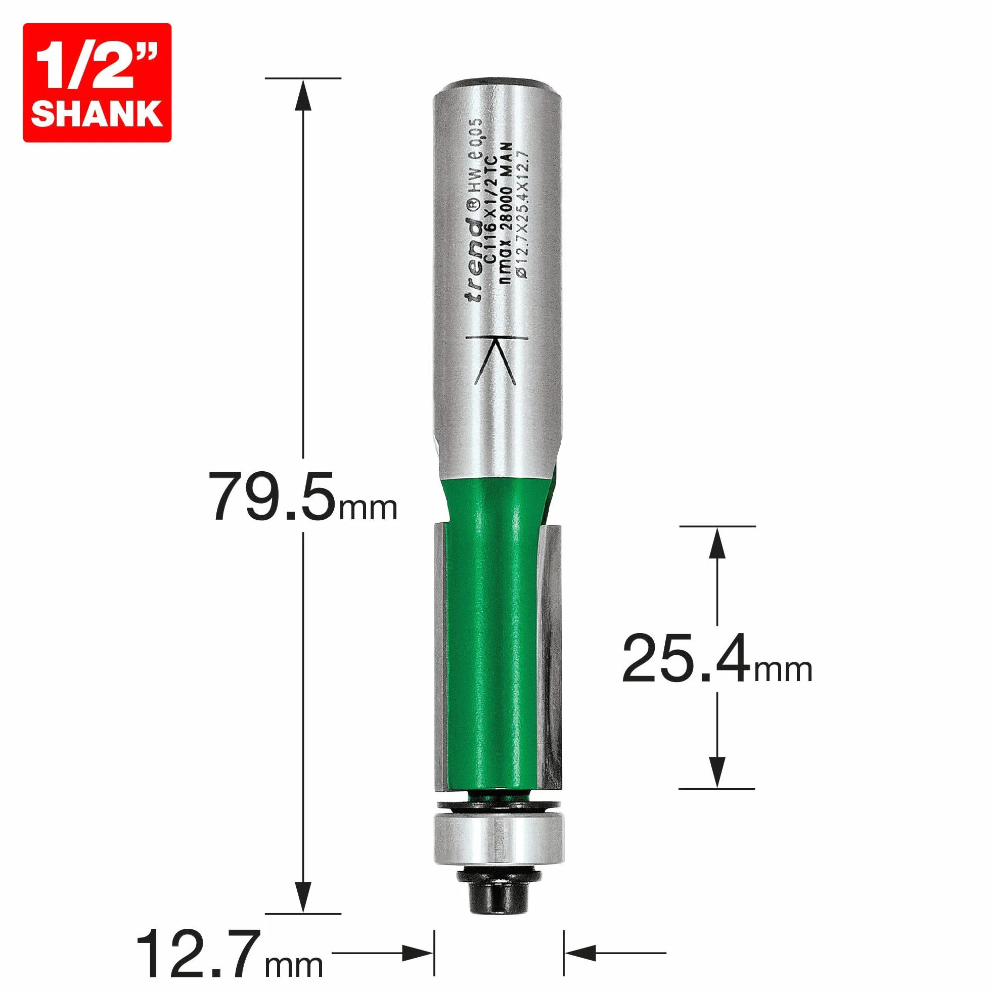 Trend CraftPro frez do przycinania z prowadzeniem łożyskowym, trzpień 1/2 cala, średnica cięcia 12,7 mm, długość cięcia 25,4 mm, węglik spiekany (TCT), C116X1/2TC