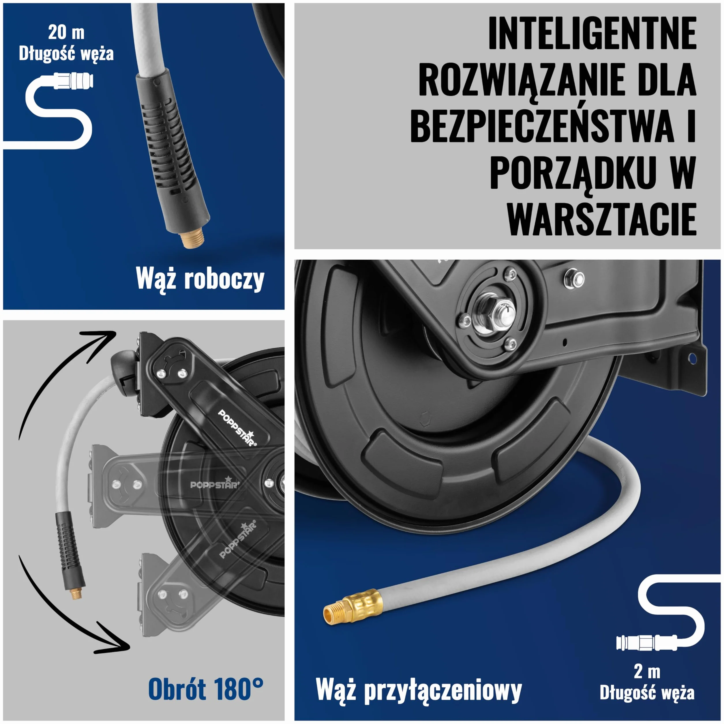 Poppstar wąż pneumatyczny na stalowym bębnie (20m+2m, średnica (9,2x15mm)) złącza 1/4 cala BSPT