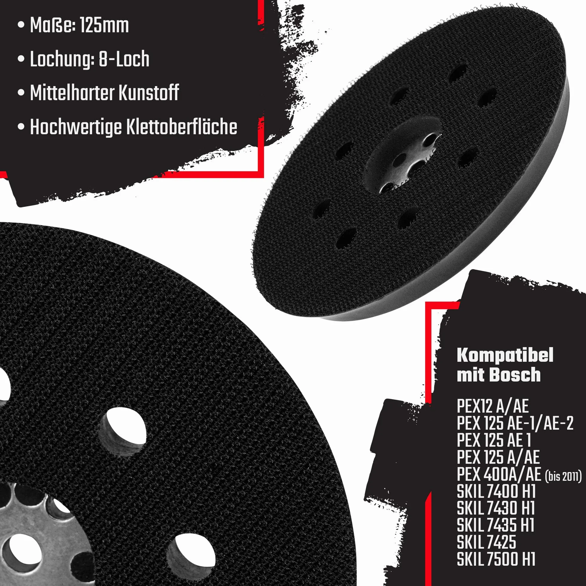 Talerz szlifierski │ 1 sztuka │ 8 otworów │ Ø 125 mm │ średnio-twardy │ do szlifierek mimośrodowych Bosch i Skil │ talerz samoprzylepny │ talerz do papieru ściernego │ talerz polerski FD-Workstuff