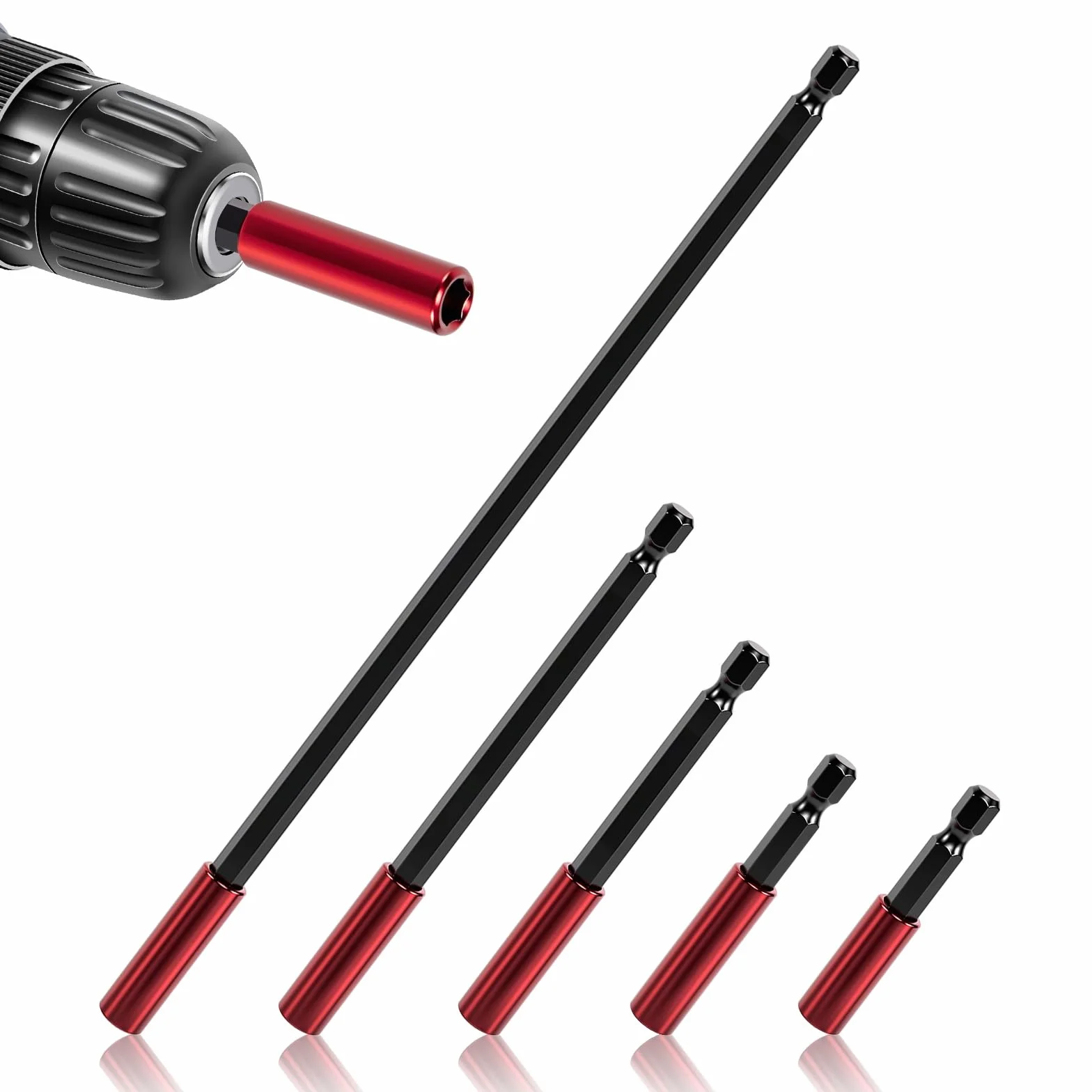 5-częściowy zestaw przedłużek bitów 1/4" z uchwytem sześciokątnym. Długie przedłużki bitów 50/60/100/150/300mm. Magnetyczne przedłużki bitów do wiertarki udarowo-srubowej i śrubokrętu