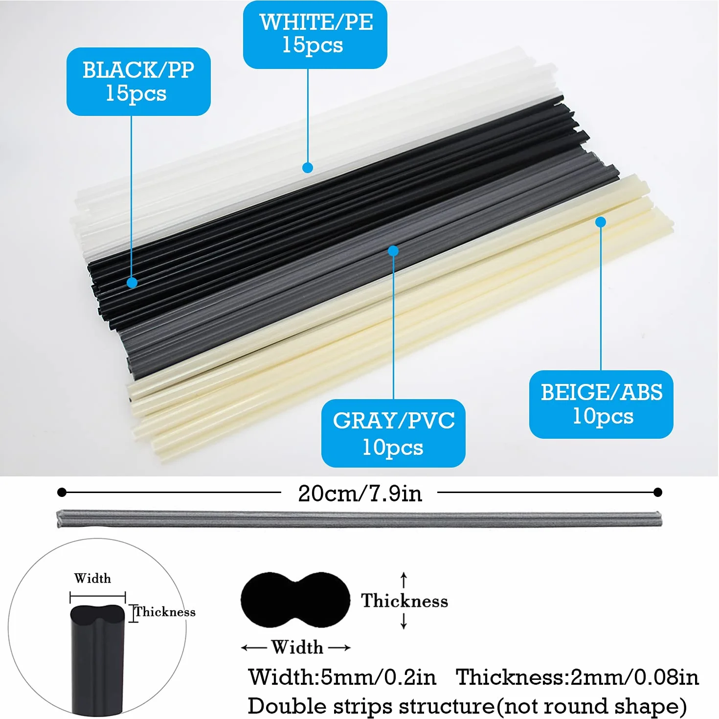 Drut spawalniczy z tworzywa sztucznego ABS PVC PE PP 200 mm, druty spawalnicze, zestaw do naprawy spawania (50 sztuk)