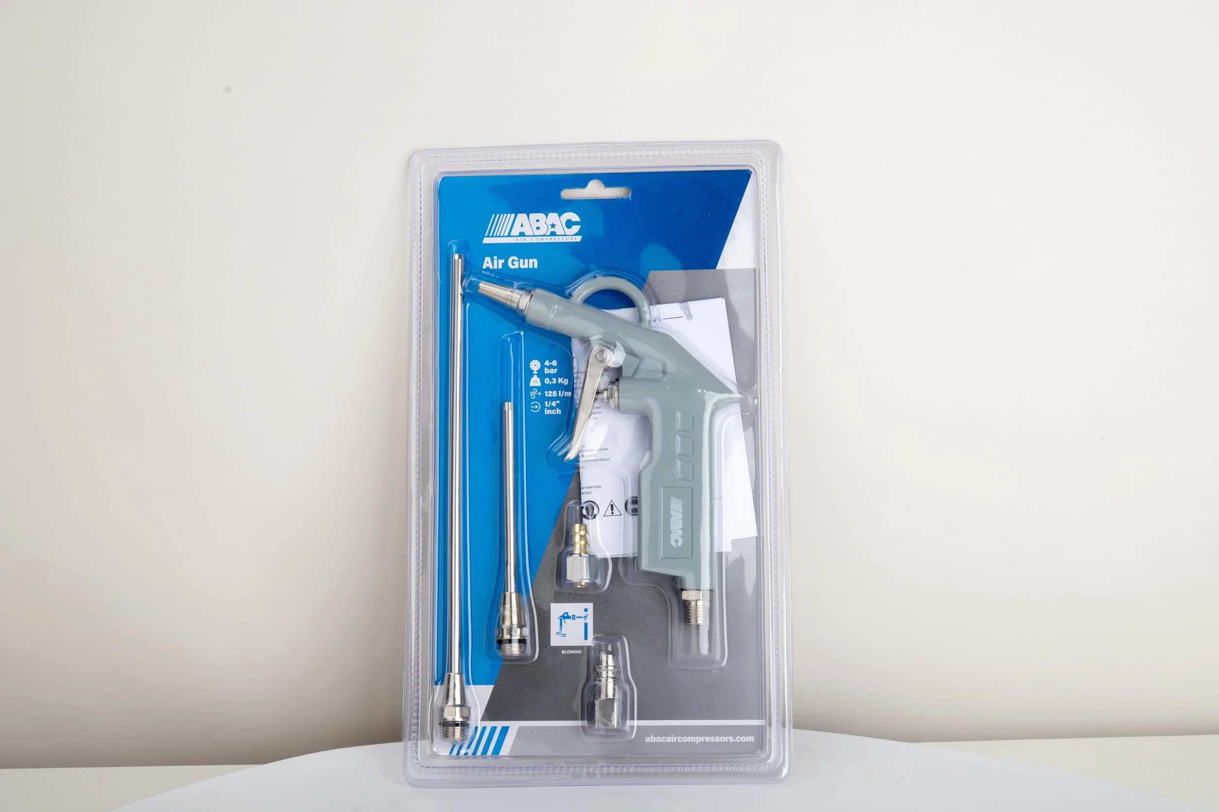 ABAC G-502 PLUS pistolet do dmuchania sprężonego powietrza z wieloma dyszami (25, 100 i 200 mm) do różnych zastosowań, uniwersalne złączki i złączki resorowe, ciśnienie maks. 8 bar, aluminium