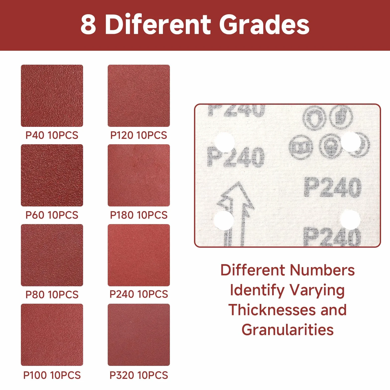 80 sztuk papieru ściernego, na rzepy, 115 x 101 mm, ziarnistość 40, 60, 80, 100, 120, 180, 240, 320, 6 otworów, arkusze szlifierek oscylacyjnych, do szlifierek oscylacyjnych, kompatybilne z Makita