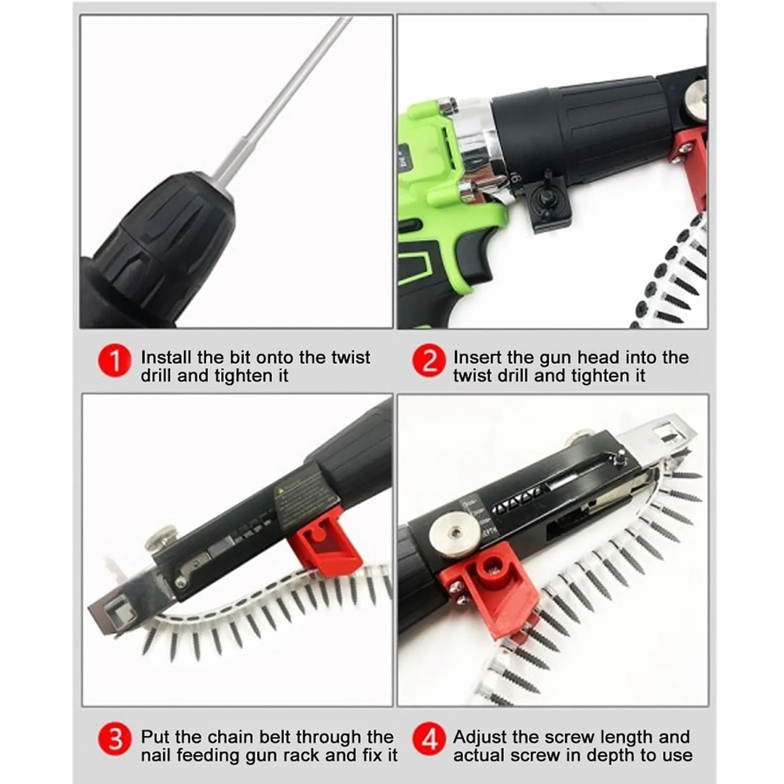 Adapter do Pistoletu do Gwoździ łańcuchowych, Automatyczny łańcuchowy Pistolet do Gwoździ ze Stopu Aluminium Sprzęt do Dokręcania Wkrętów do Wiertarki Elektrycznej Narzędzie do Obróbki Drewna, Zainsta