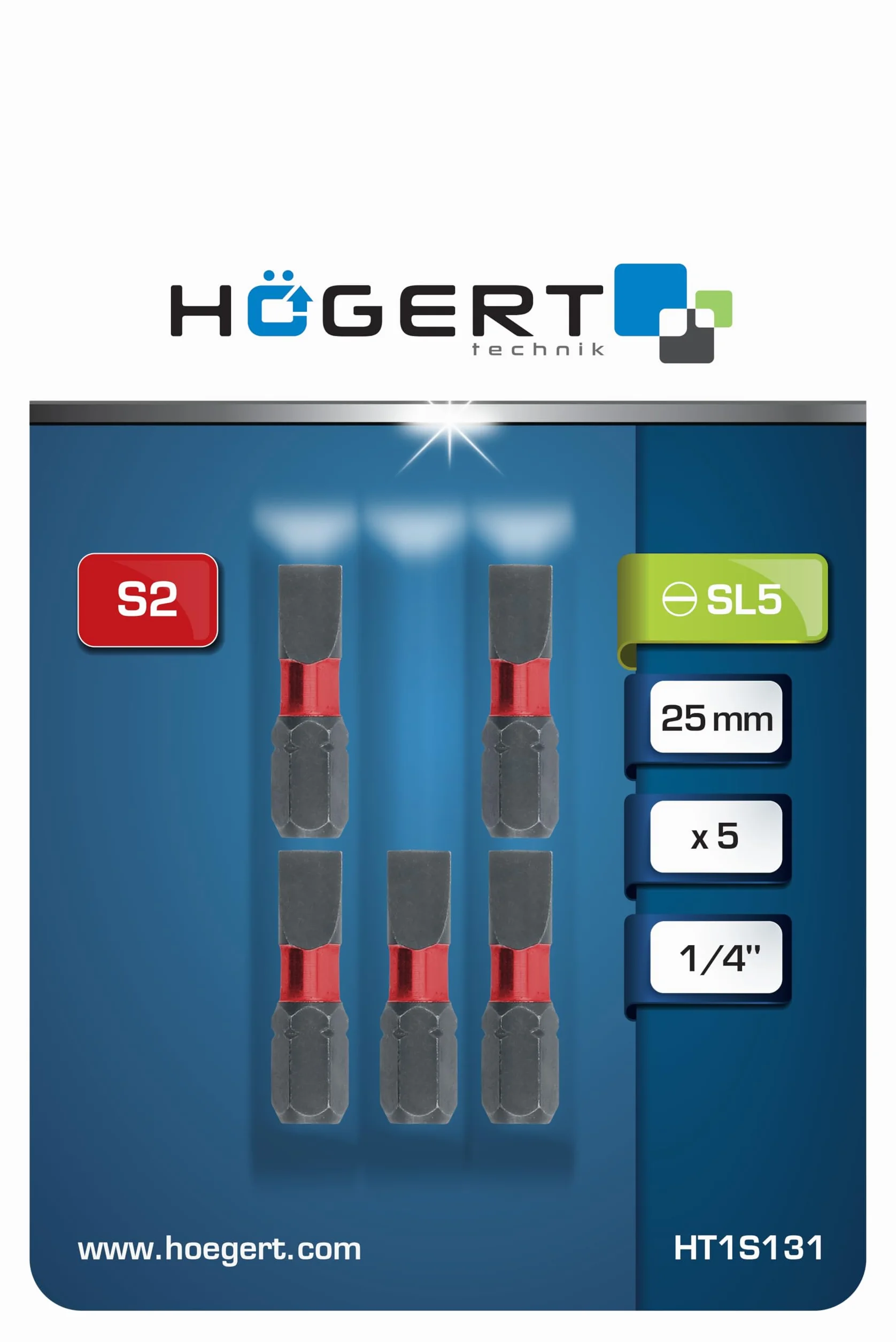 HÖGERT TECHNIK SL 5 bity udarowe 25 mm, zestaw 5 sztuk, płaskie bity ze stali S2, sześciokątne 1/4", wysoka obciążalność, do wkrętarki udarowej i wkrętarki akumulatorowej