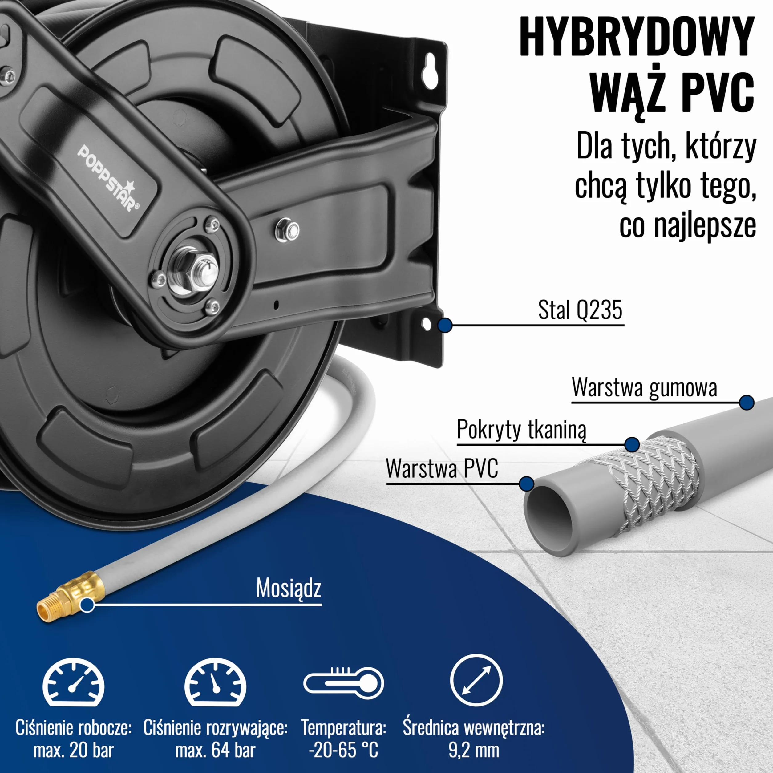Poppstar wąż pneumatyczny na stalowym bębnie (20m+2m, średnica (9,2x15mm)) złącza 1/4 cala BSPT