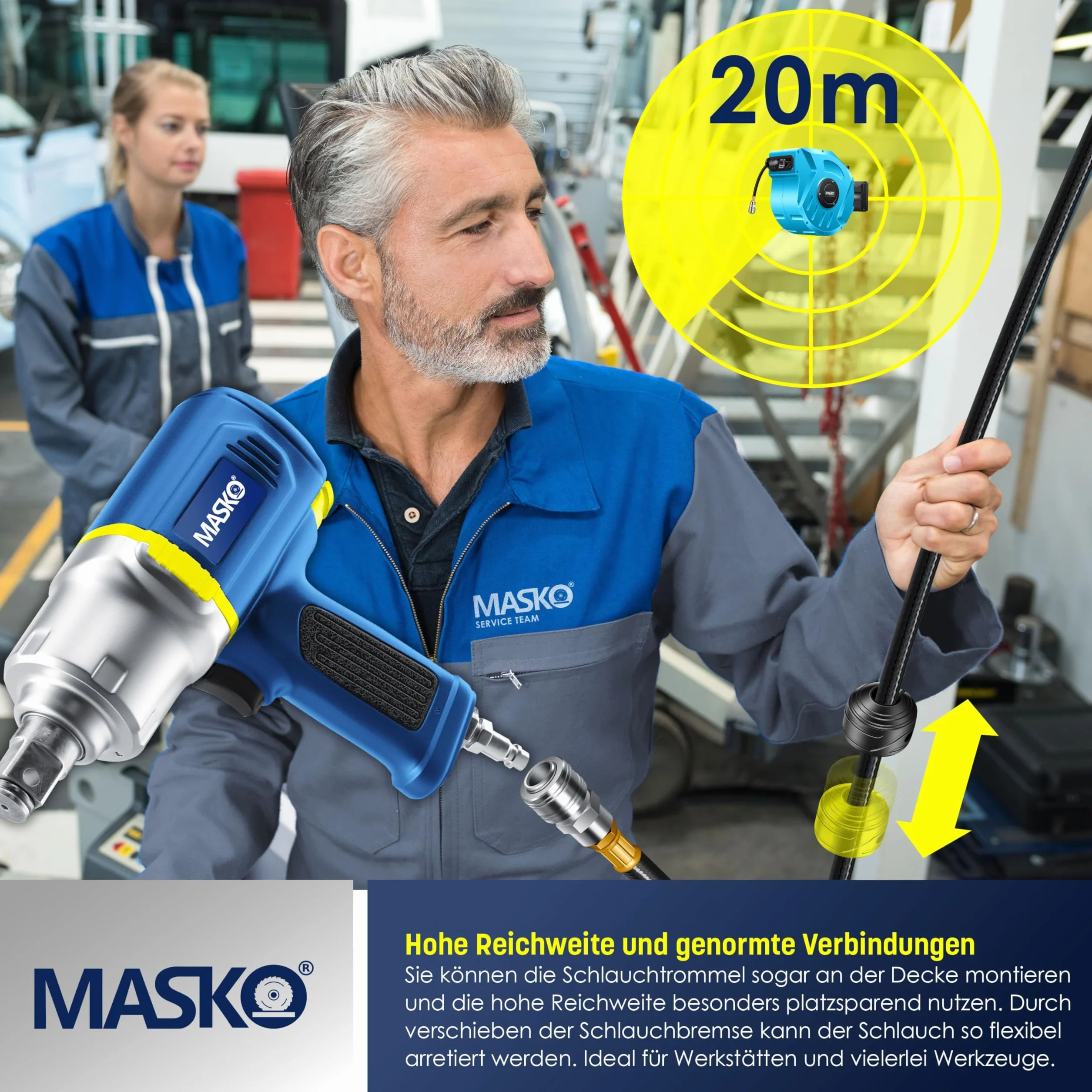 MASKO® Wąż do sprężonego powietrza, 20 m, automatyczne przyłącze 1/4", bęben na wąż ścienny, zwijacz, wąż do sprężonego powietrza, bęben na sprężone powietrze