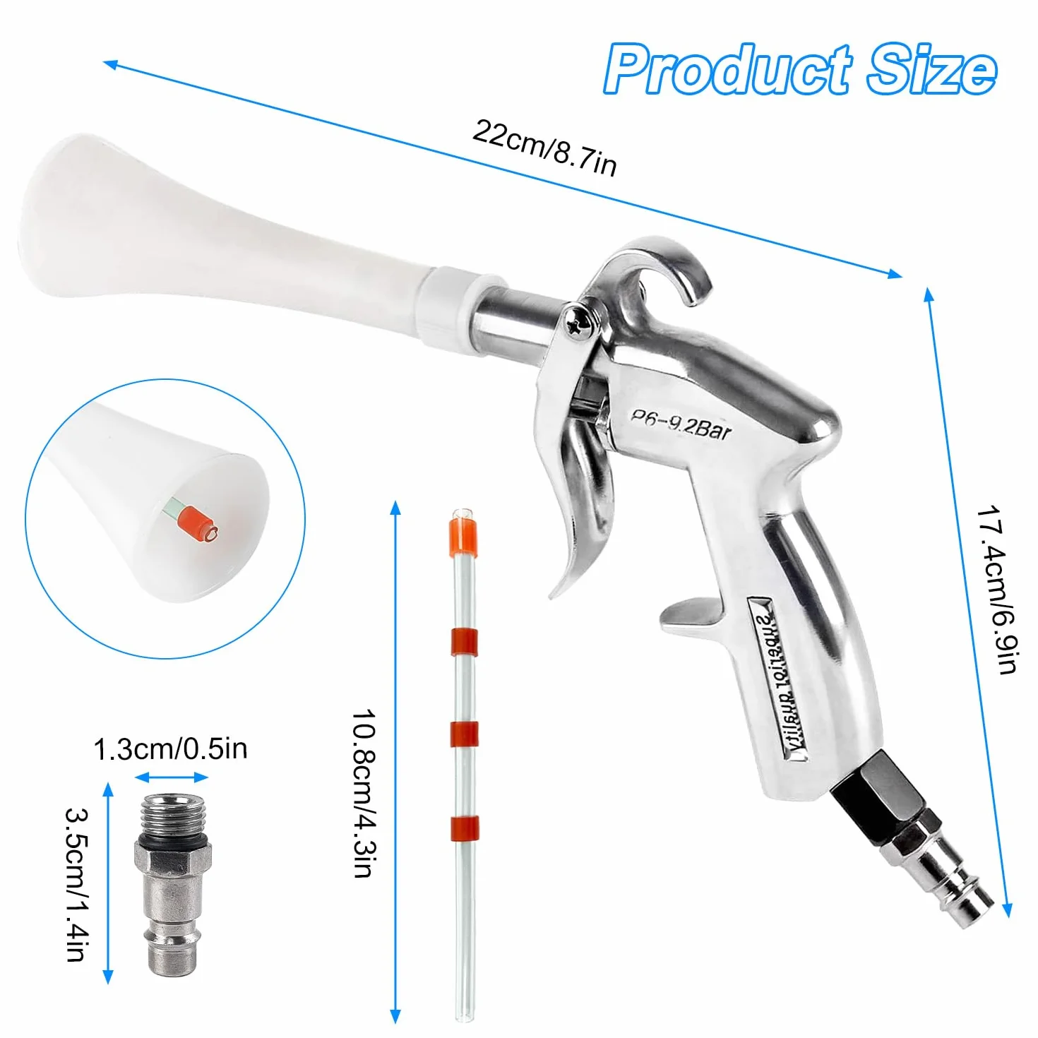 Pistolet do czyszczenia sprężonym powietrzem, 6-9,2 bar, ze stopu aluminium + PE, pistolet do wydmuchiwania sprężonego powietrza, pistolet pneumatyczny do mycia samochodów i podłóg