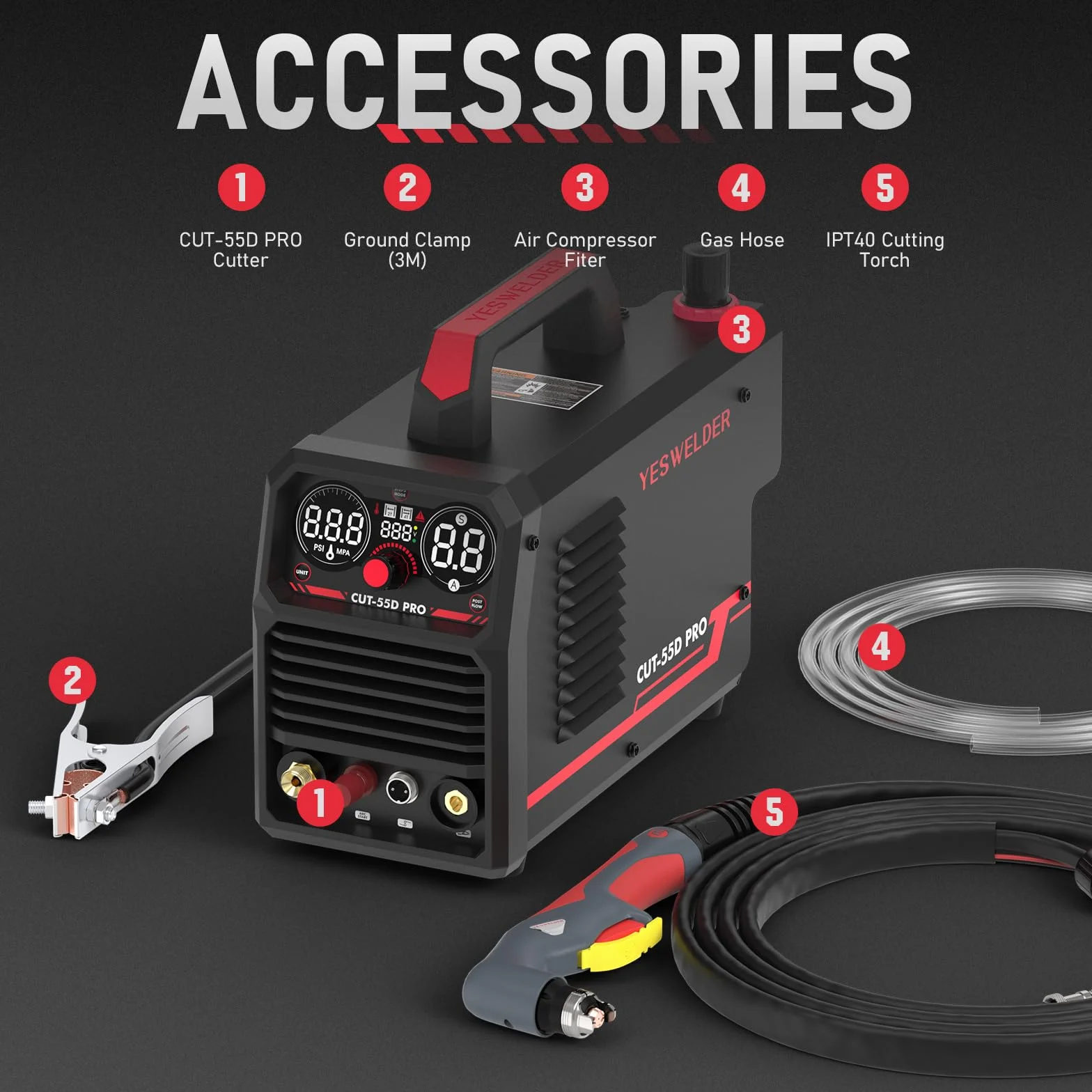 YESWELDER 55Amp bezdotykowa przecinarka plazmowa z łukiem pilotującym, maksymalna grubość cięcia 20mm, duży wyświetlacz cyfrowy LED, inwertorowa przecinarka plazmowa No-HF 230V IGBT