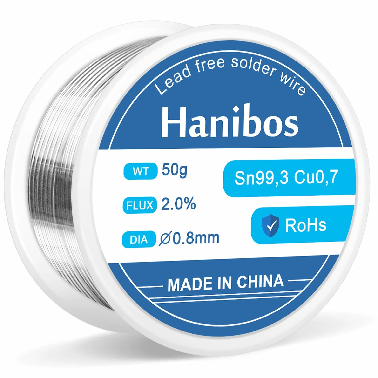 Drut lutowniczy 50 g, Hanibos 0,8 mm, drut lutowniczy Sn99,3 Cu0,7 z rdzeniem kalafonii, do samodzielnego wykonania komponentów elektronicznych