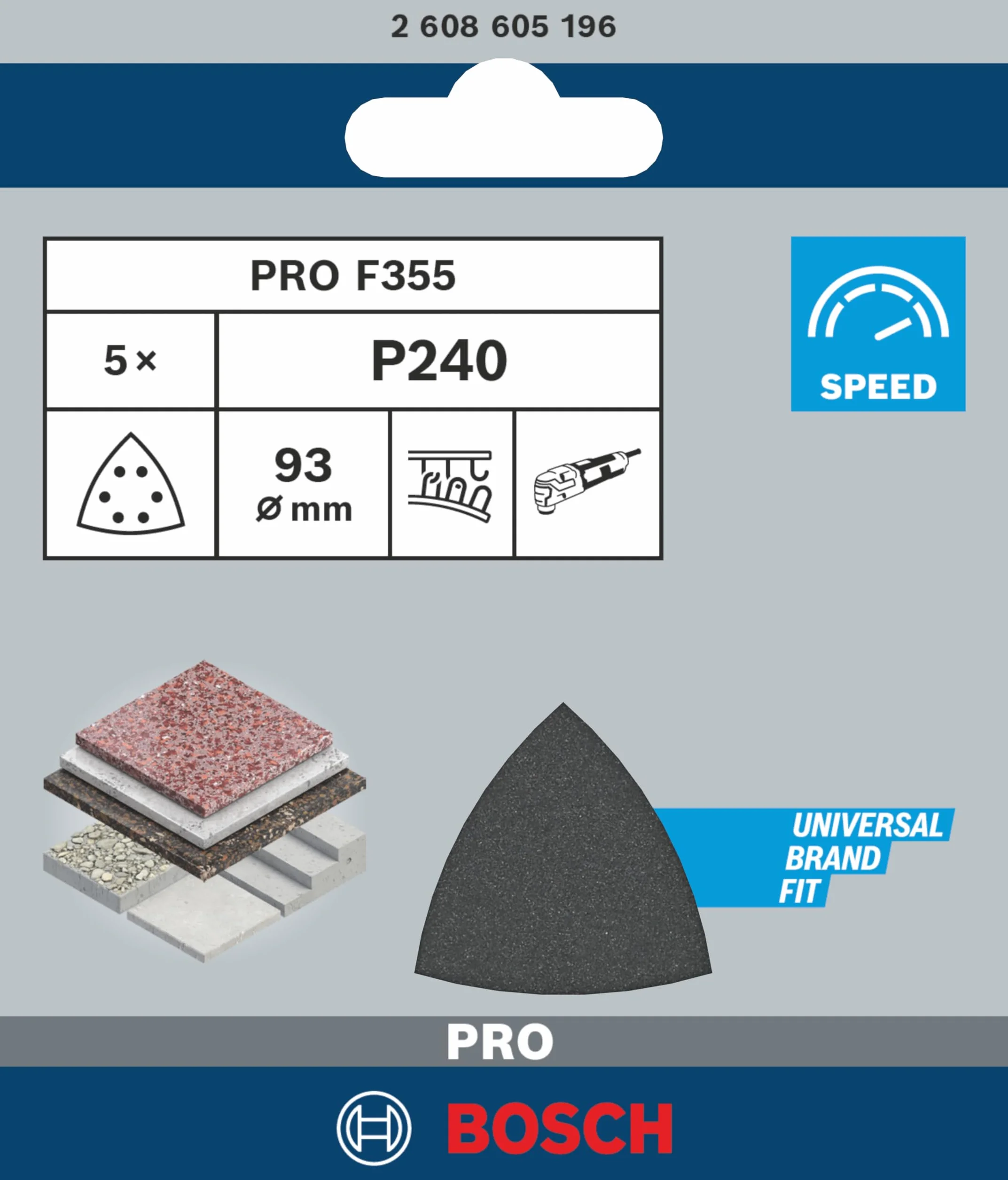 Bosch 5x Arkusz ścierny PRO Plastic and Hard Stone F355 (do Beton, Twardy kamień, Ø 93x93 mm, Ziarnistość 240, Professional Akcesoria Narzędzie wielofunkcyjne, Szlifierka delta)