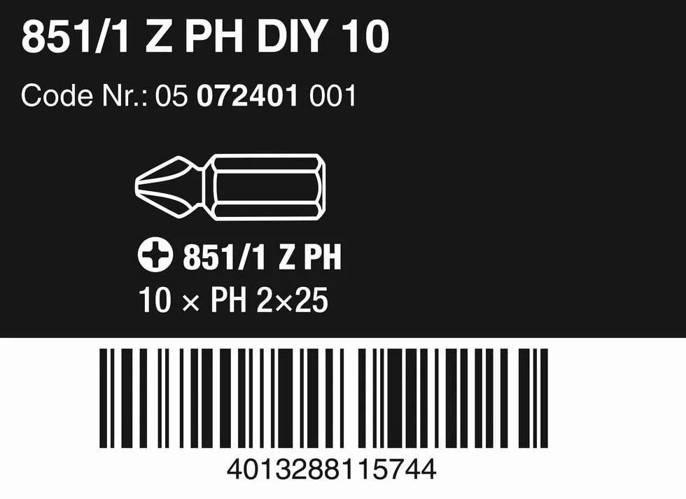 Wera 05072401001 Wyjątkowo wytrzymałe końcówki Phillips 851/1 Z PH2 x 25 mm, 10 sztuk