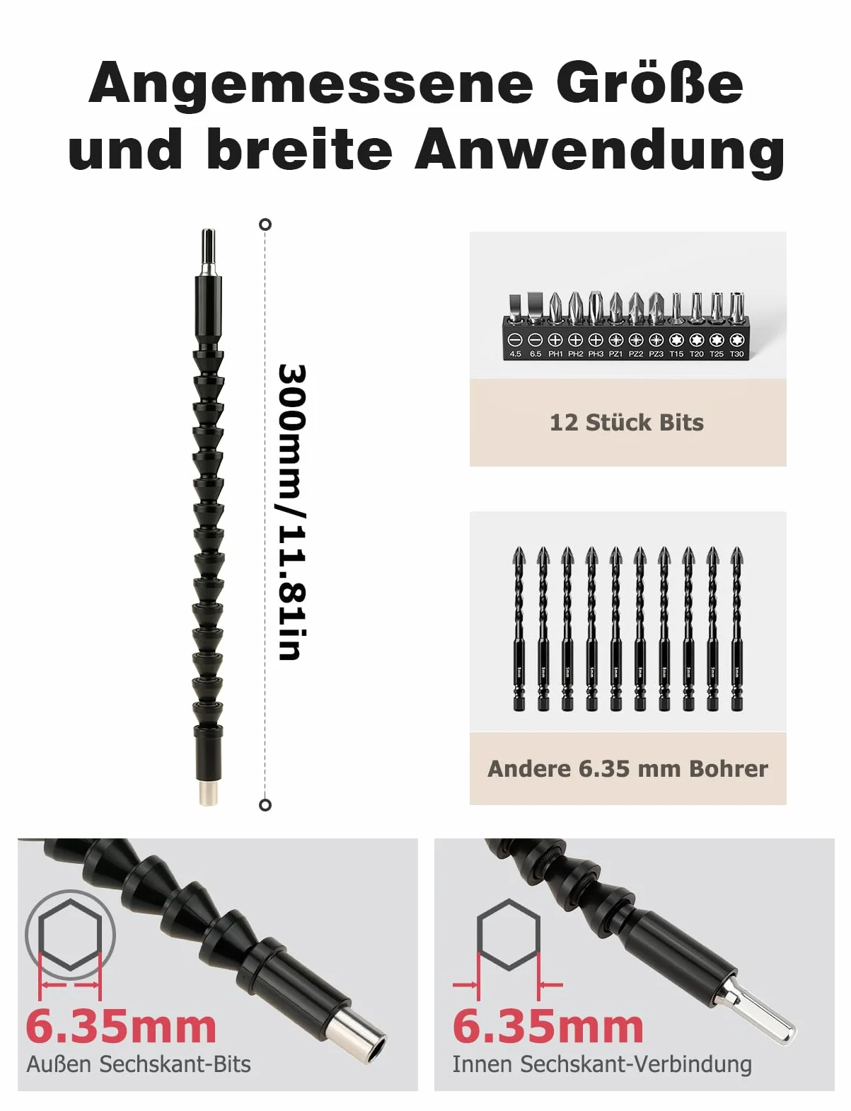 Elastyczny trzonek 300 mm, przedłużenie wiertła i klucz kątowy 105°, wielofunkcyjny kątowy uchwyt do bitów z magnetycznym uchwytem 1/4", adapter do wiercenia w wąskim pomieszczeniu