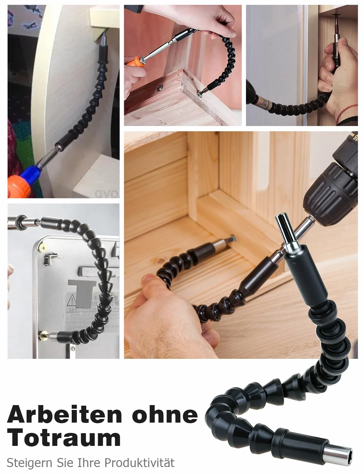 Elastyczny trzonek 300 mm, przedłużenie wiertła i klucz kątowy 105°, wielofunkcyjny kątowy uchwyt do bitów z magnetycznym uchwytem 1/4", adapter do wiercenia w wąskim pomieszczeniu