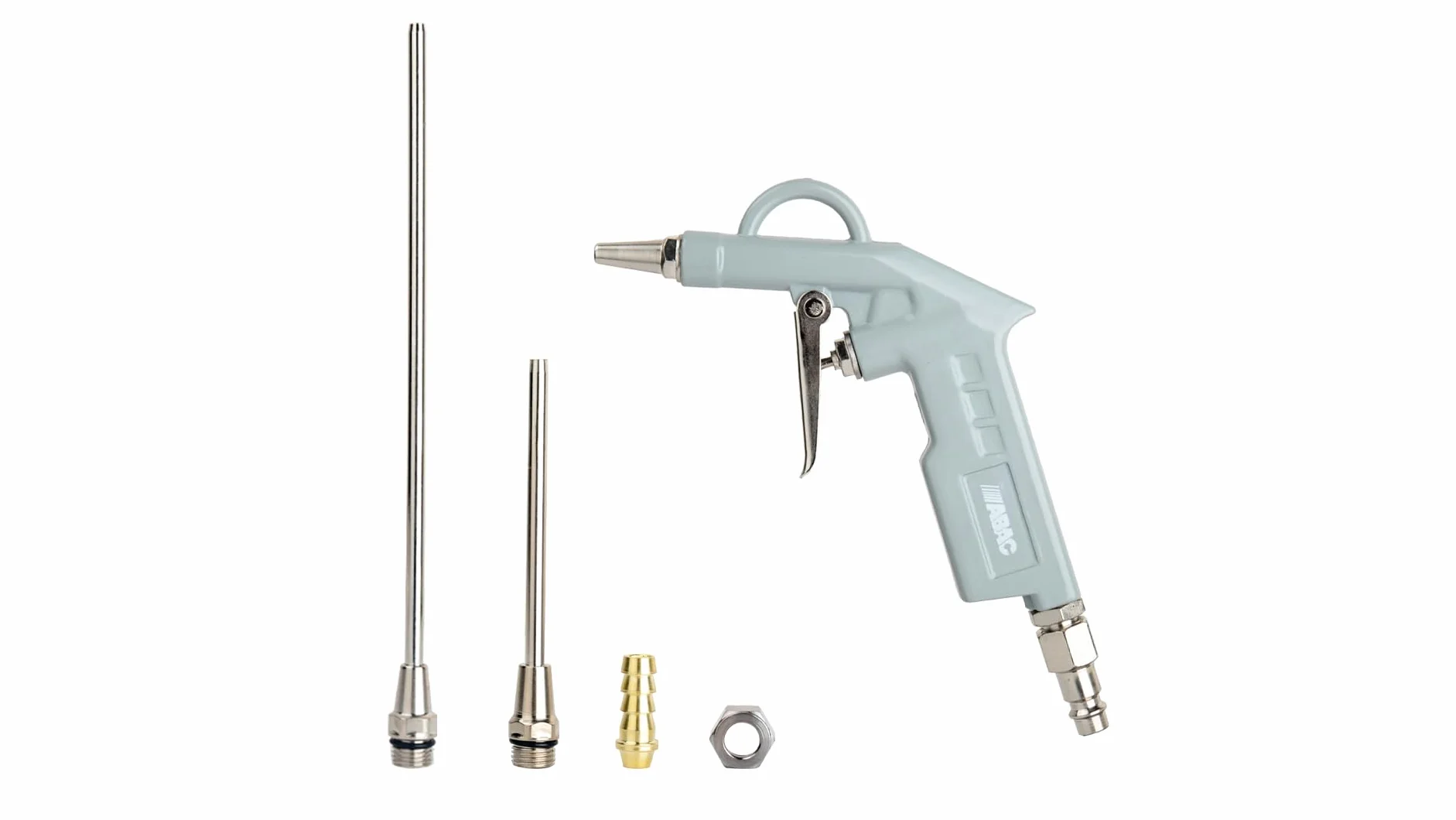 ABAC G-502 PLUS pistolet do dmuchania sprężonego powietrza z wieloma dyszami (25, 100 i 200 mm) do różnych zastosowań, uniwersalne złączki i złączki resorowe, ciśnienie maks. 8 bar, aluminium