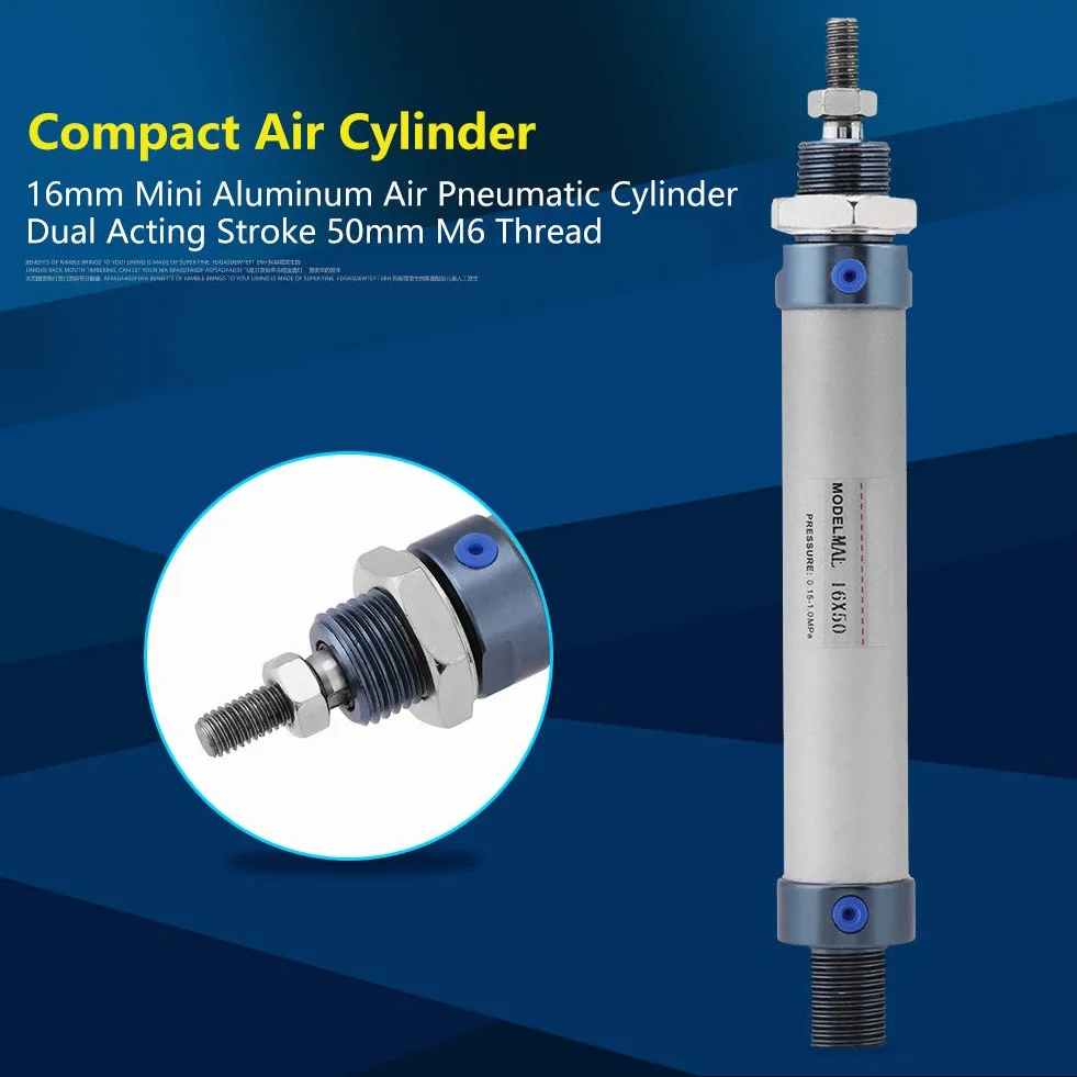 Luftzylinder mit Aluminiumlegierung, Luft Pneumatikzylinder Dual Acting Hub 50mm Innendurchmesser 16mm Gewinde M6 Druck 0,15-1MPa