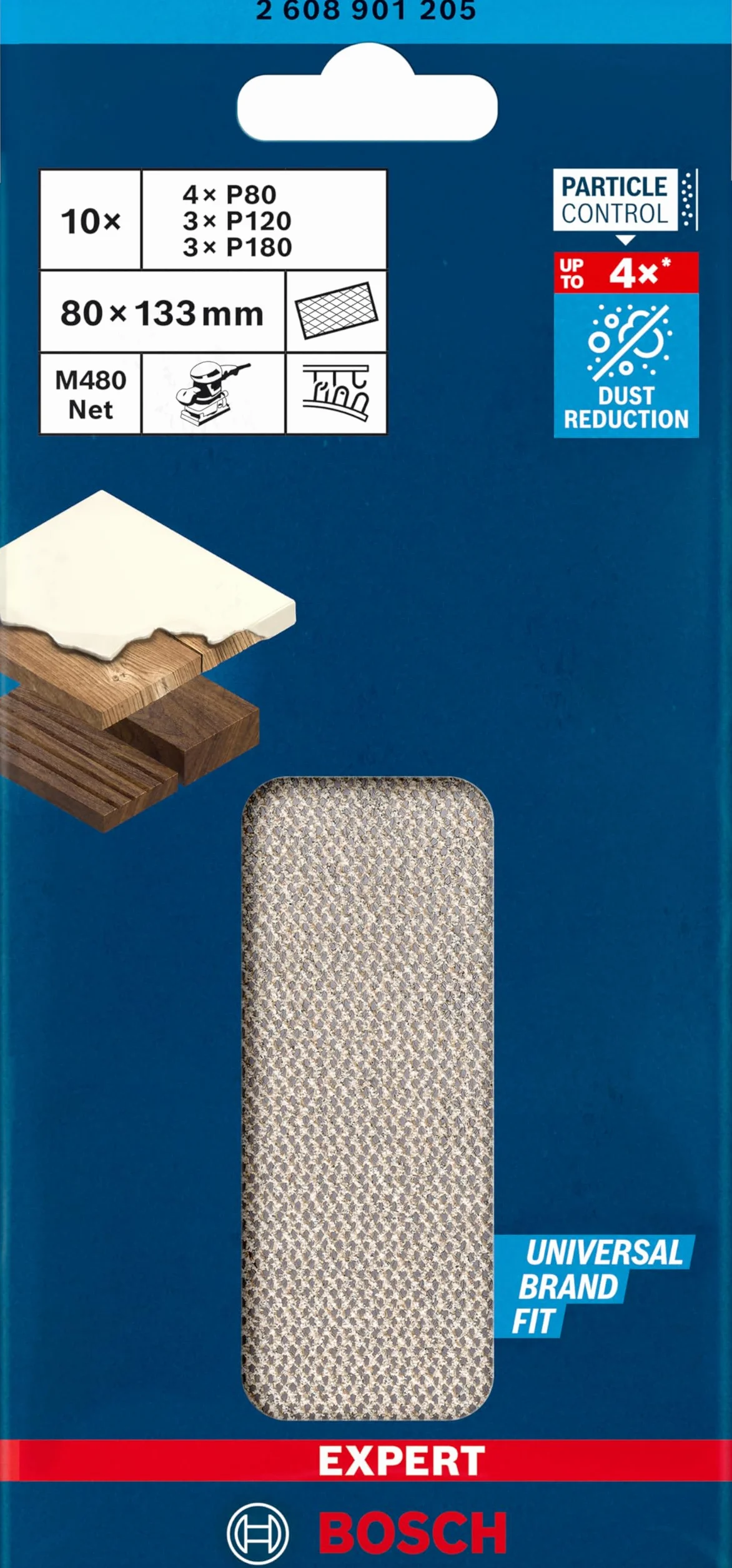 Bosch 10x Zestawy siatek ściernych EXPERT M480 (do Farba na drewnie, Twarde drewno, Ø 80x133 mm, Ziarnistość 4 x 80, 3 x 120, 3x180, Professional Akcesoria Szlifierka oscylacyjna)