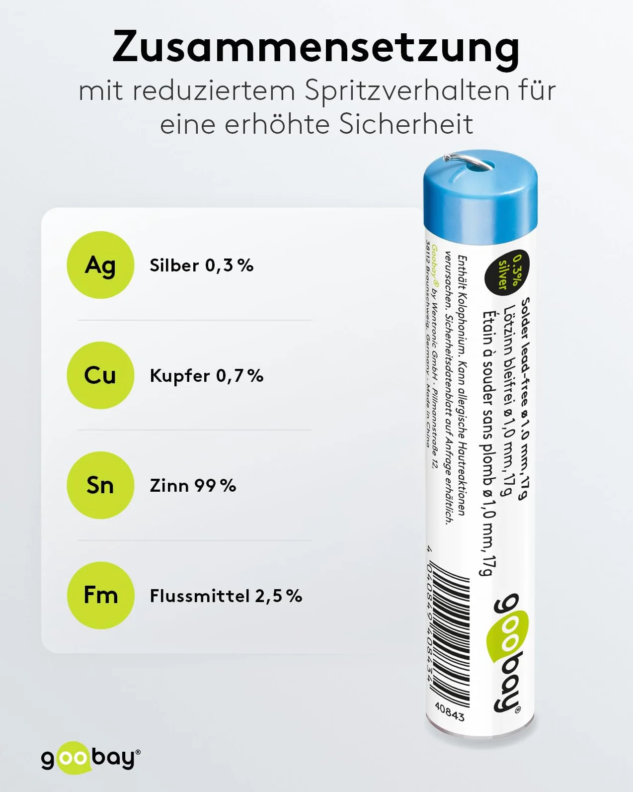 Goobay 40843 cyna do lutowania bezołowiowa ø 1 mm drut lutowniczy z topnikiem, 0,3% srebra i 0,7% miedzi, temperatura topnienia 217°C, lutowanie cyny bezołowiowe, 17 g