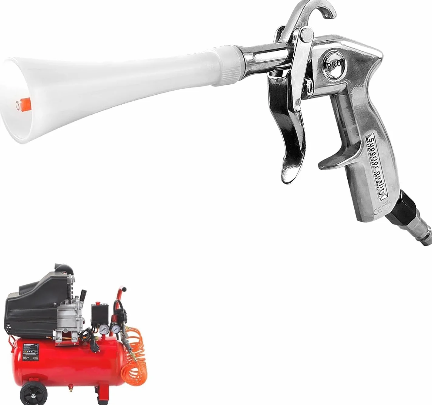 Wysokociśnieniowy pistolet do czyszczenia sprężonego powietrza ze stopu aluminium i materiału PE. Zaprojektowany do stosowania ze sprężonym powietrzem 6-9,2 bara. Idealny do mycia samochodów i podłóg