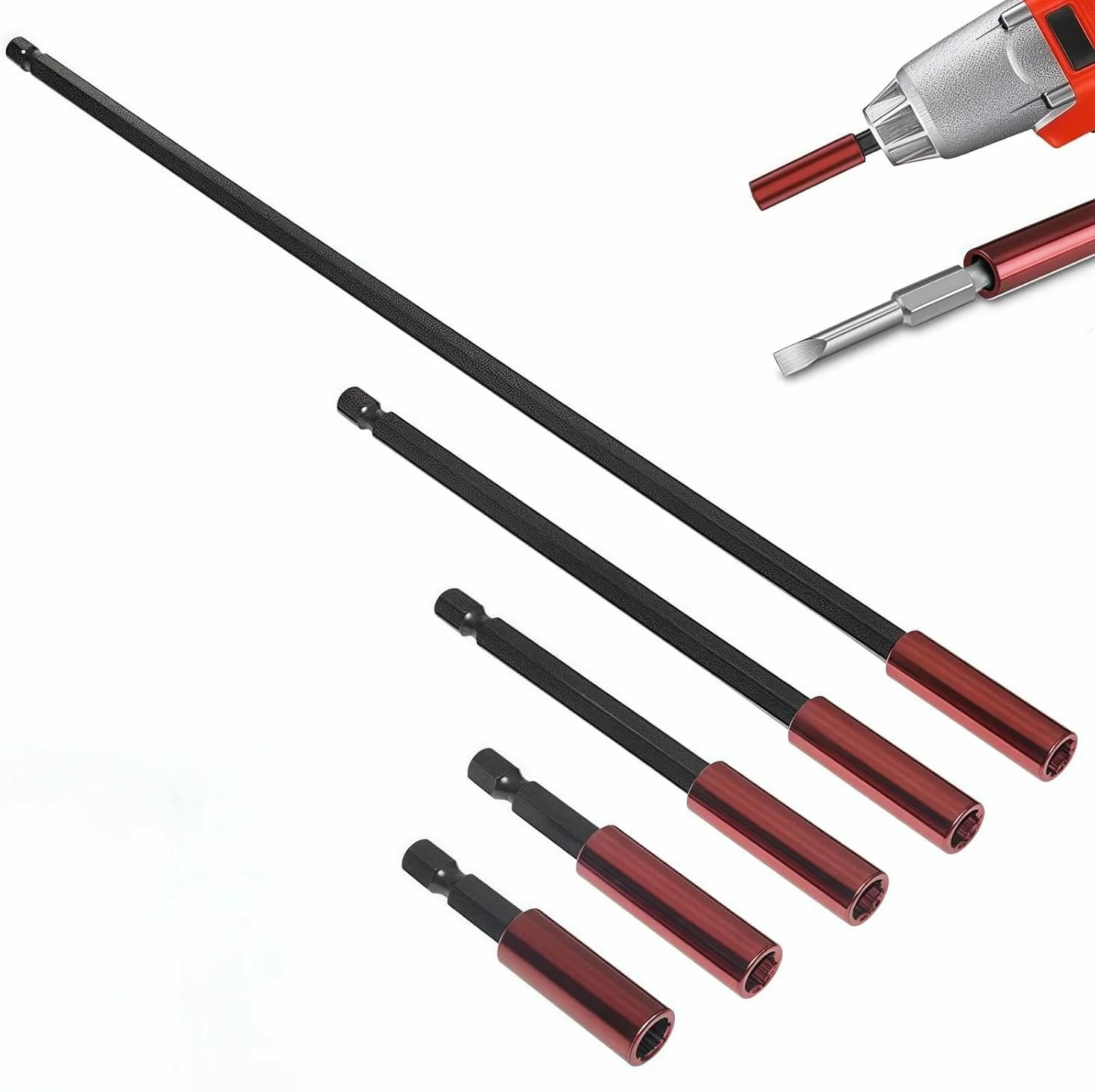 Zestaw 5 przedłużeń do wkrętarki magnetycznej z magnetycznym uchwytem na końcówki. Zawiera przedłużki 50/60/100/150/300 mm, z trzonkiem sześciokątnym 1/4 cala