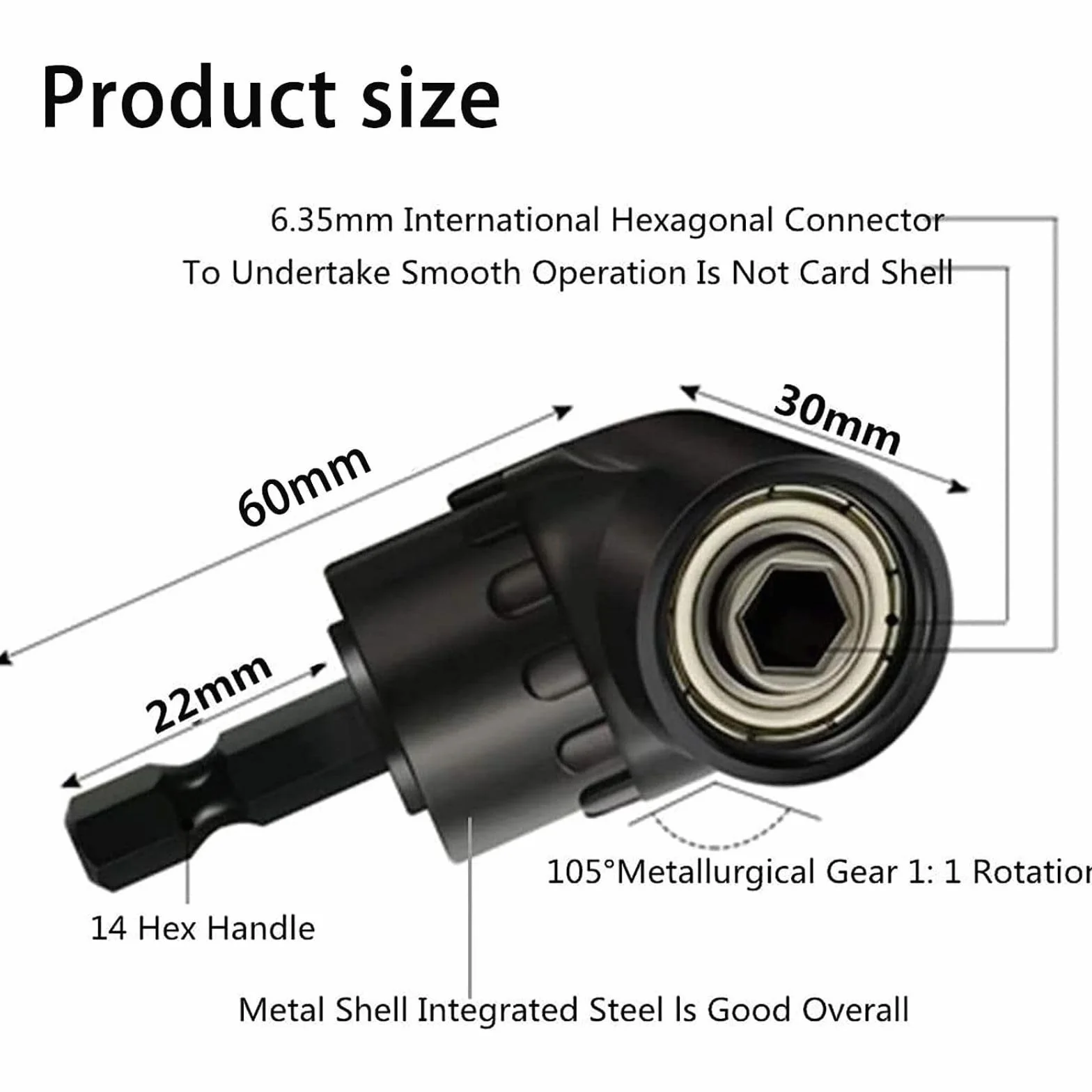 Śrubokręt kątowy 105°, adapter pomocniczy 1/4" z chwytem sześciokątnym + 3 sztuki adapterów do kluczy nasadowych (1/4", 1/2", 3/8"), sześciokątny klucz nasadowy, zestaw nakrętek, adapter
