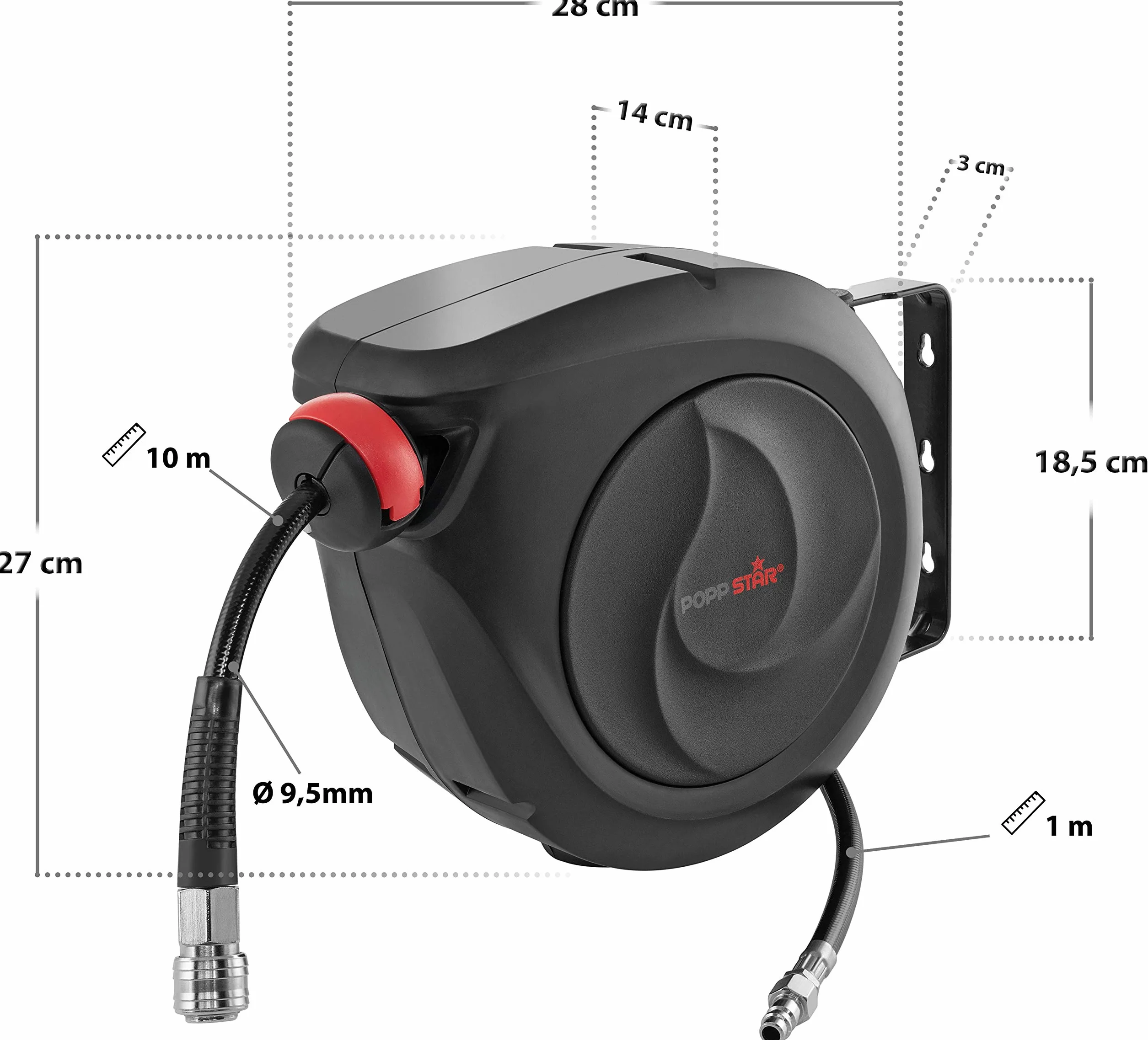 Poppstar wąż pneumatyczny zwijany (10m+1m, średnica 5/16"(8x12mm) szybkozłączka 1/4" BSPT) automatyczny zwijacz węża pneumatycznego Czarny