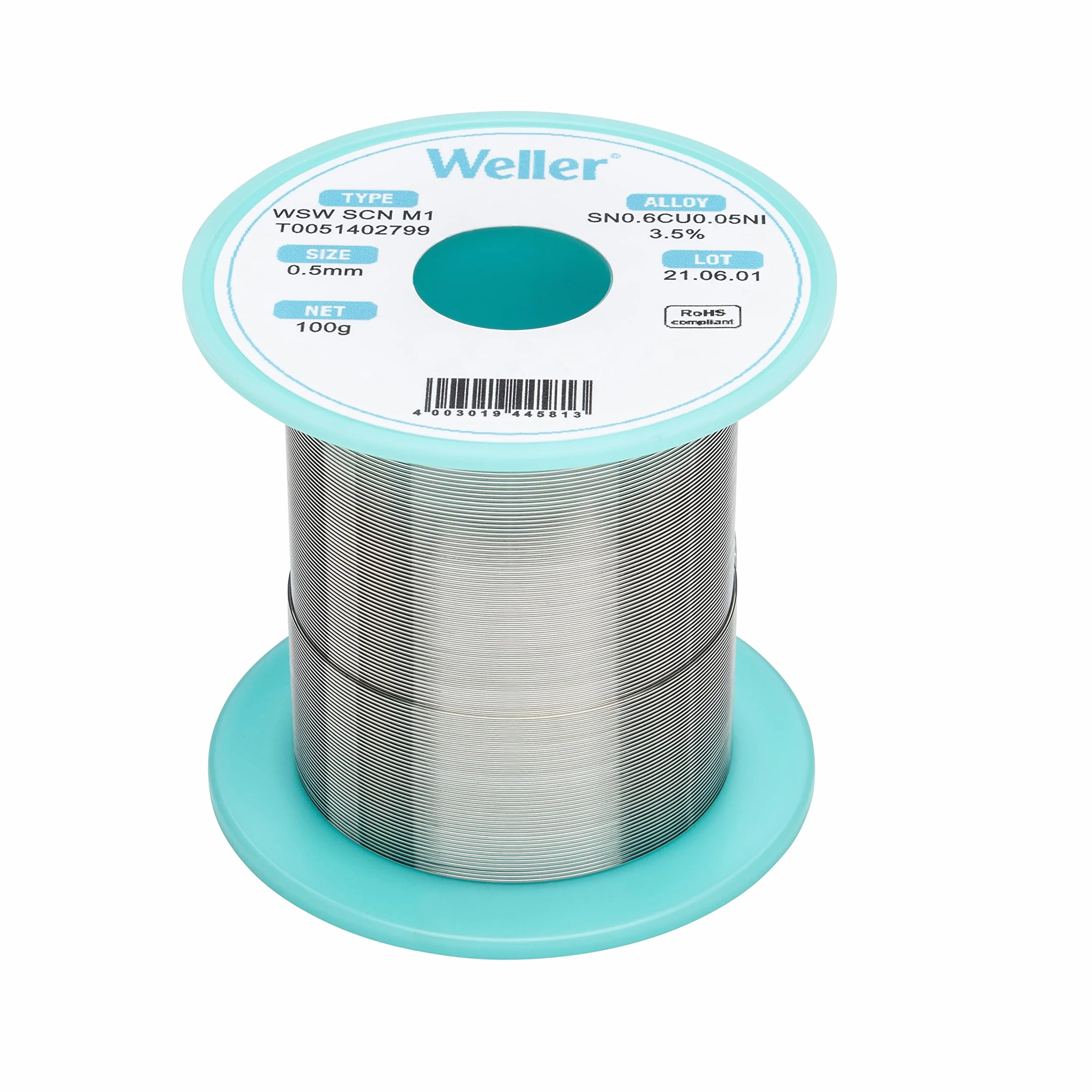Weller WSW SCN M1 (T0051402799) bezołowiowy drut lutowniczy, Ø 0,5 mm, stop Sn99,3Cu0,6Ni0,05, zawartość strumienia 3,5%, 100 g