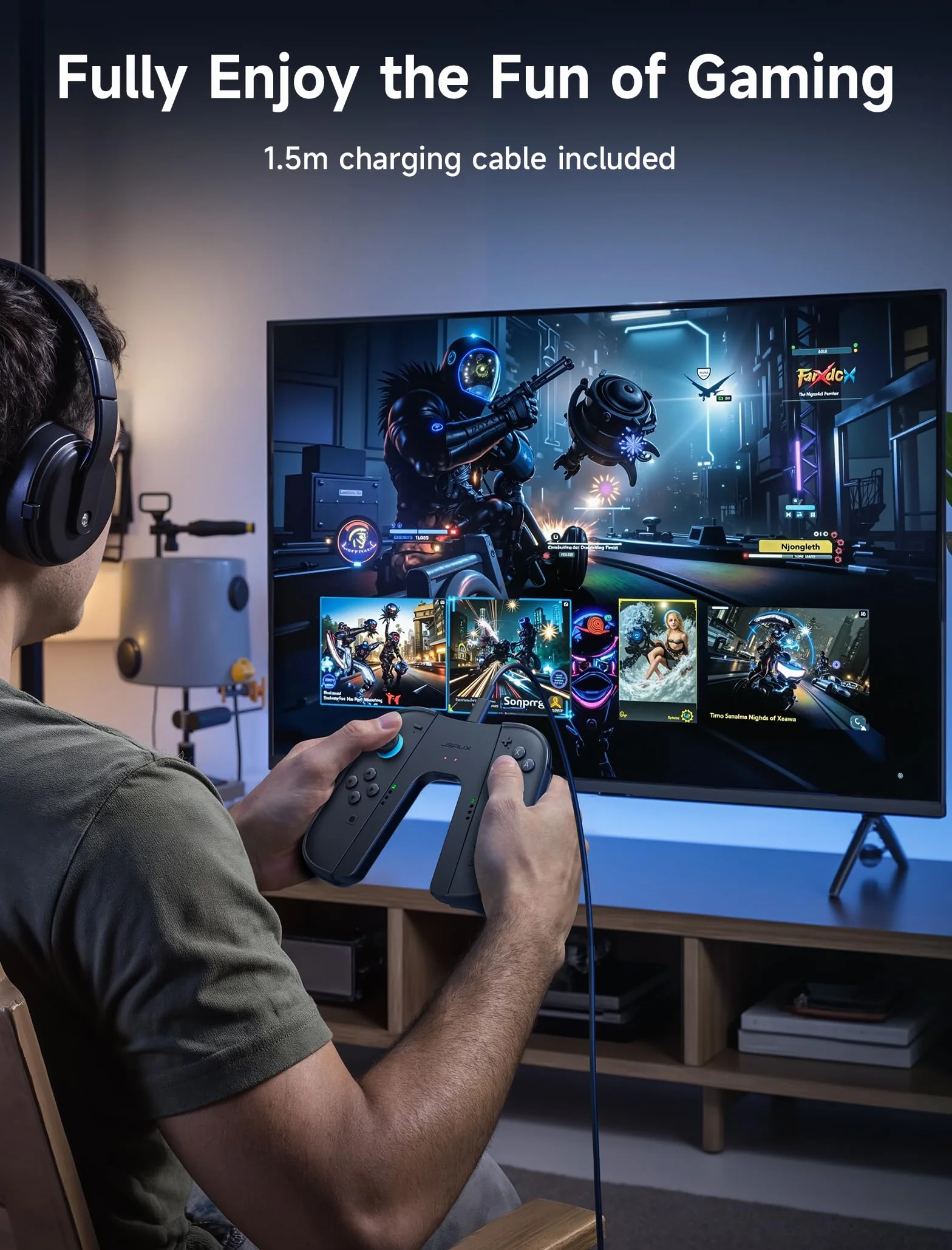 JSAUX ergonomiczny uchwyt ładujący kompatybilny z konsolą Nintendo Switch 2, magnetyczny uchwyt kompatybilny z kontrolerami JoyCon Switch 2, granie ładowania, wskaźnik LED, kabel 1,5 m/4,9 ft – czarny