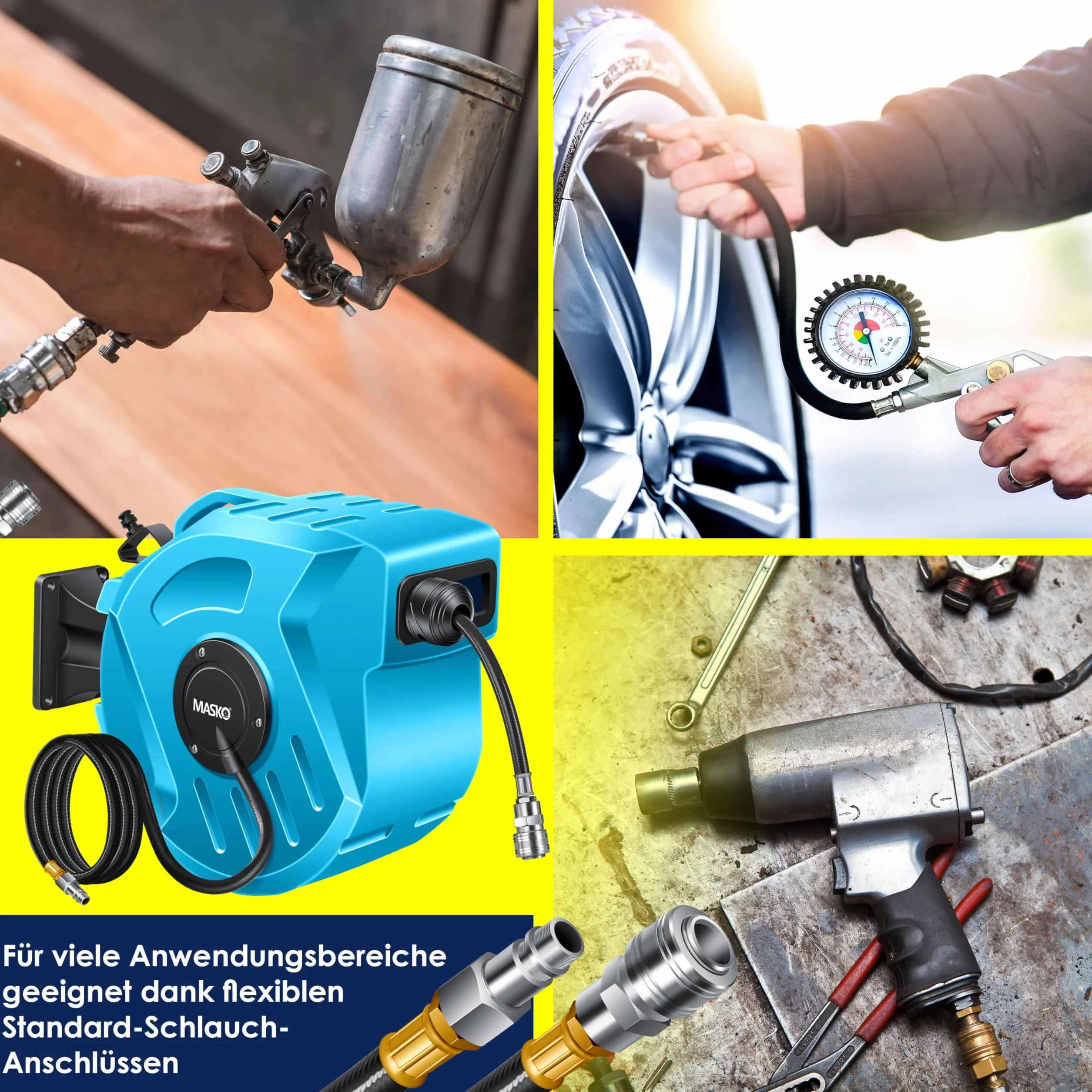 MASKO® Wąż do sprężonego powietrza, 20 m, automatyczne przyłącze 1/4", bęben na wąż ścienny, zwijacz, wąż do sprężonego powietrza, bęben na sprężone powietrze