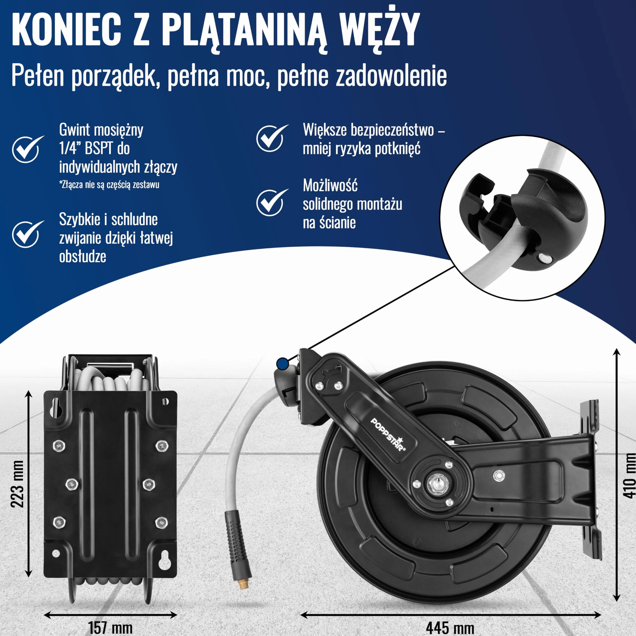 Poppstar wąż pneumatyczny na stalowym bębnie (20m+2m, średnica (9,2x15mm)) złącza 1/4 cala BSPT